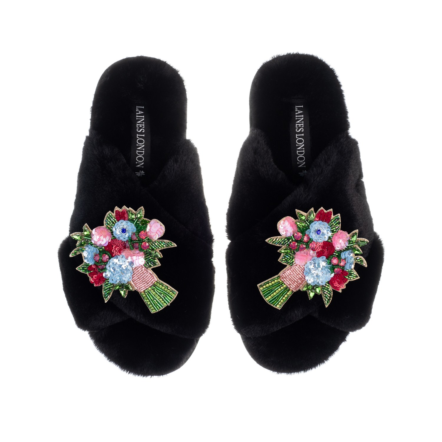 Laines London Women's Classic Laines Slippers With Double Floral Bouquet Brooches - Black In Black