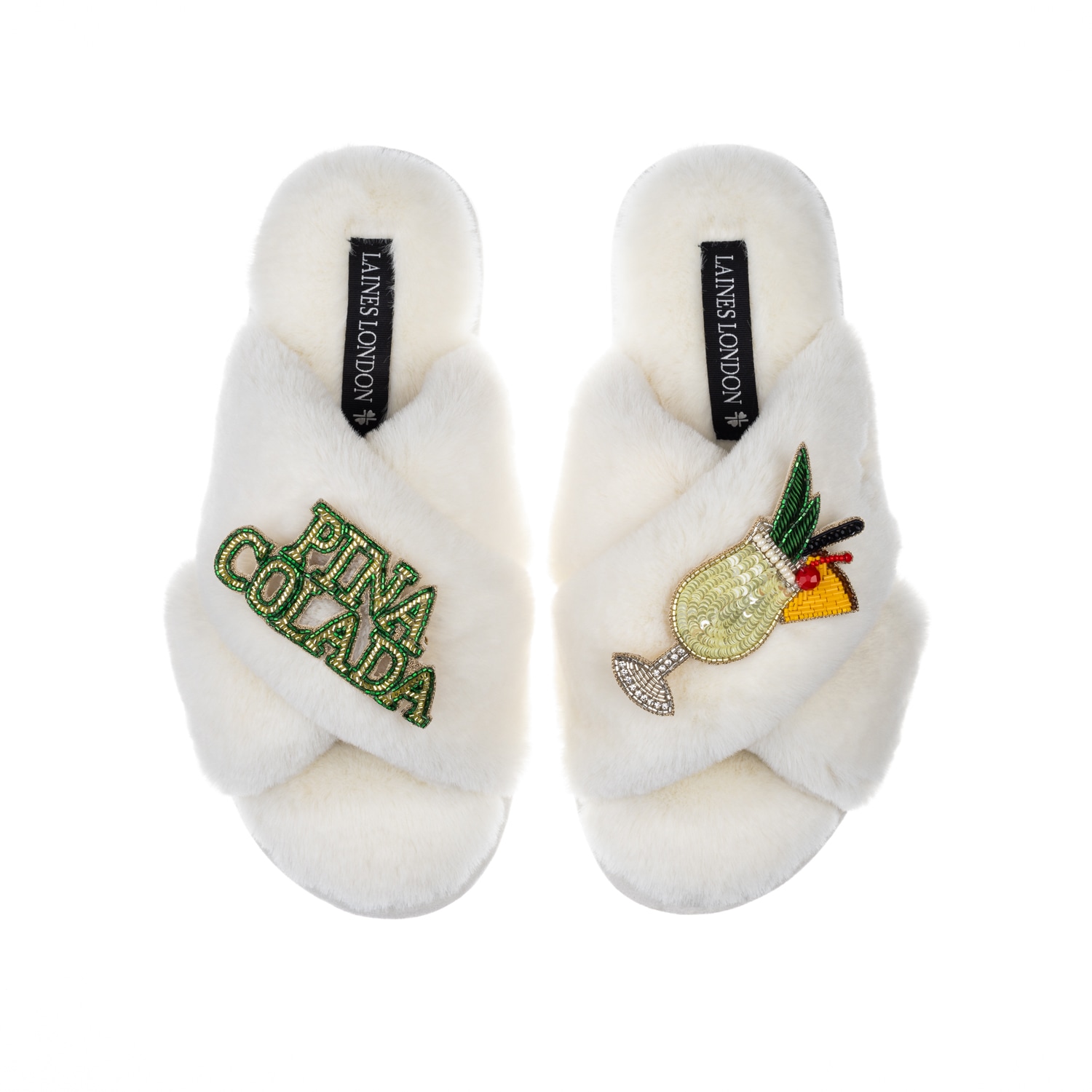 Laines London Women's White Classic Laines Slippers With Pina Colada Brooches - Cream In White