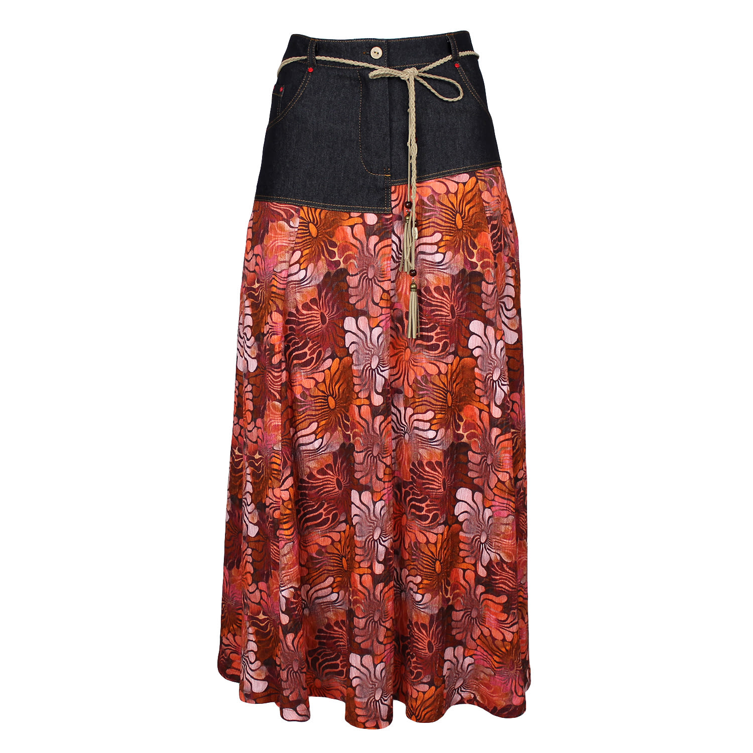 Lalipop Design Women's All-over Floral Print Skirt With Asymmetric Black Denim Cut In Black
