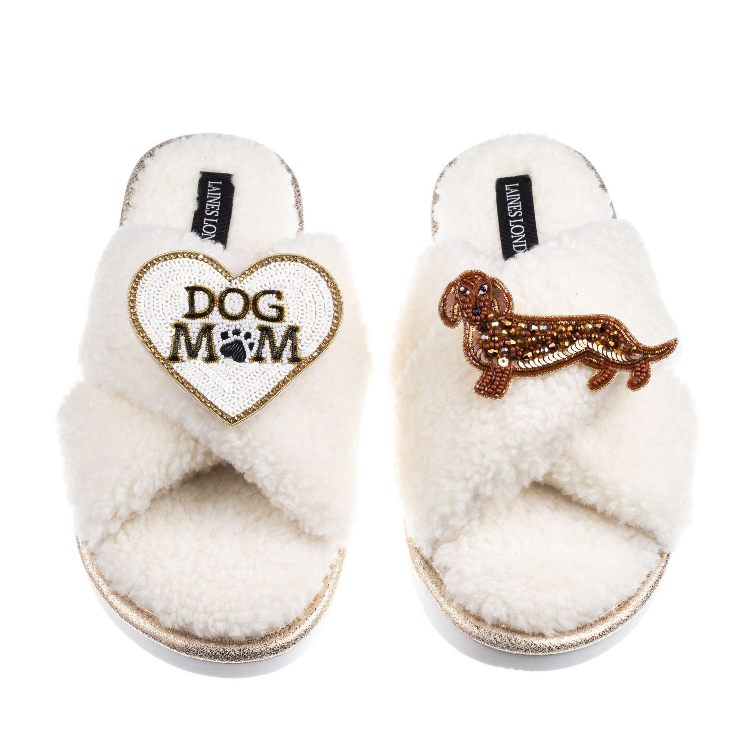 Laines London Women's White / Neutrals Boucle Slippers With Dog Mum/mom & Red Dachshund Brooches - Cream In White