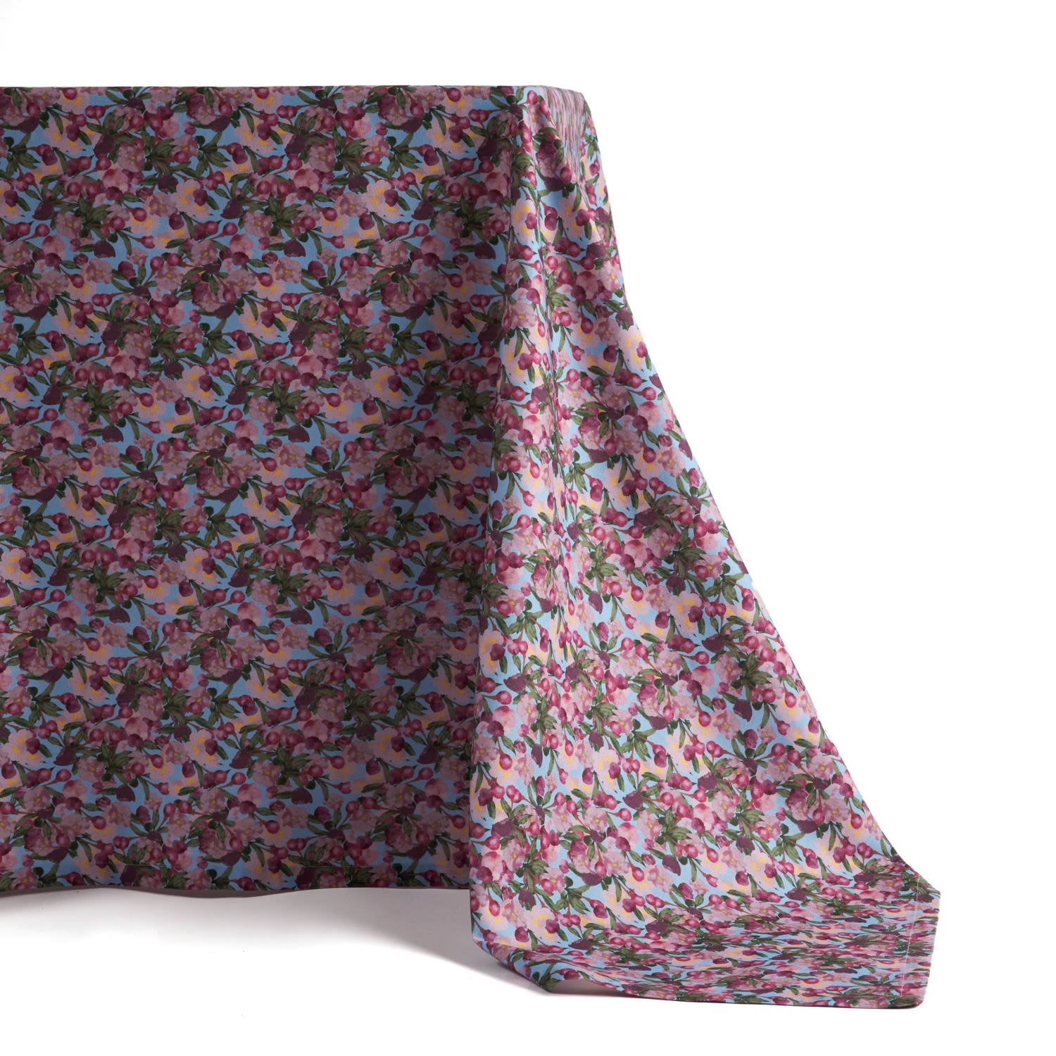 Sophie Williamson Design Blue / Green / Pink Large Square Tablecloth In Romantic Pink Cherry Blossom Flower Print On Blue In Multi