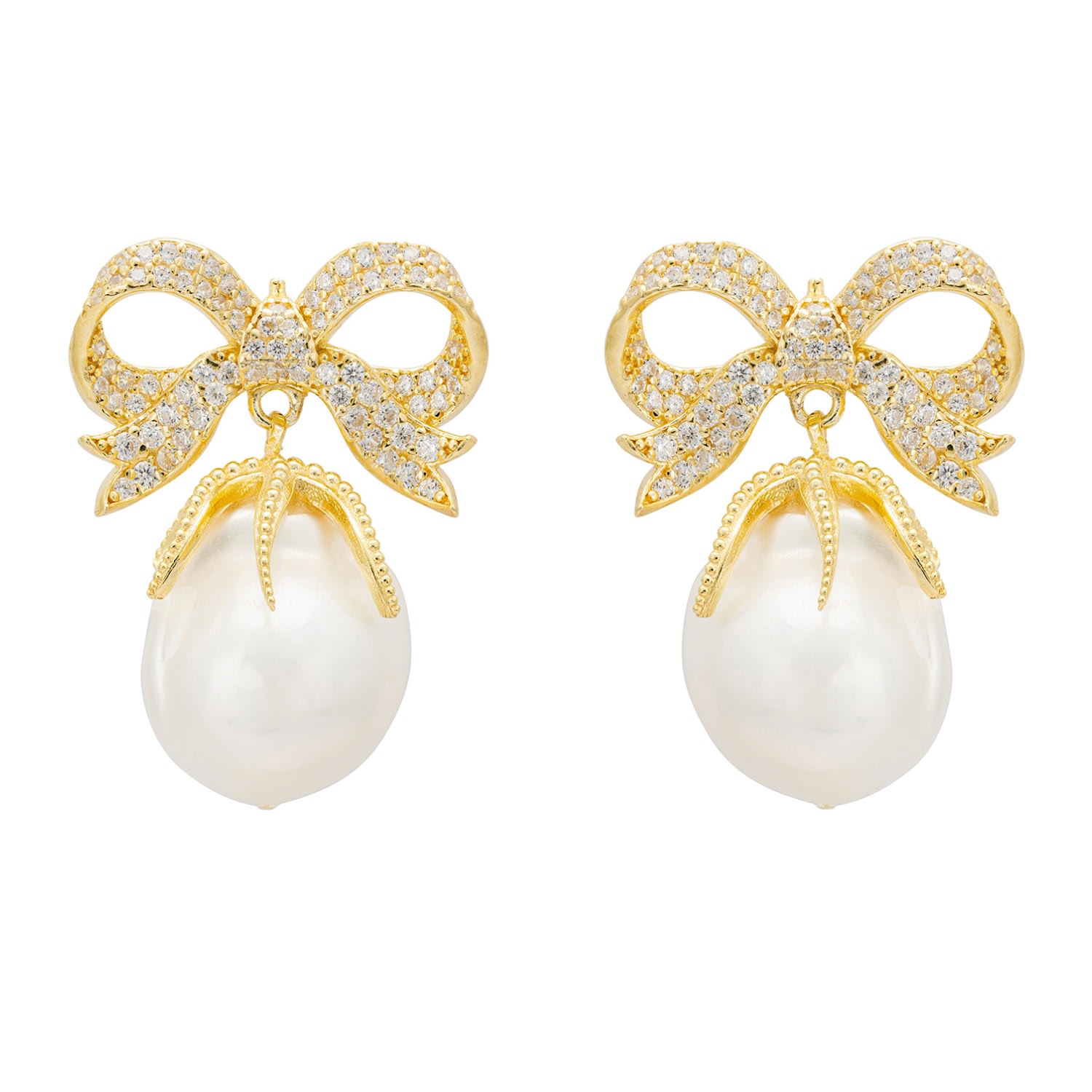Latelita Women's White / Gold Baroque Pearl Ribbon And Bows Drop Earrings Gold In Multi