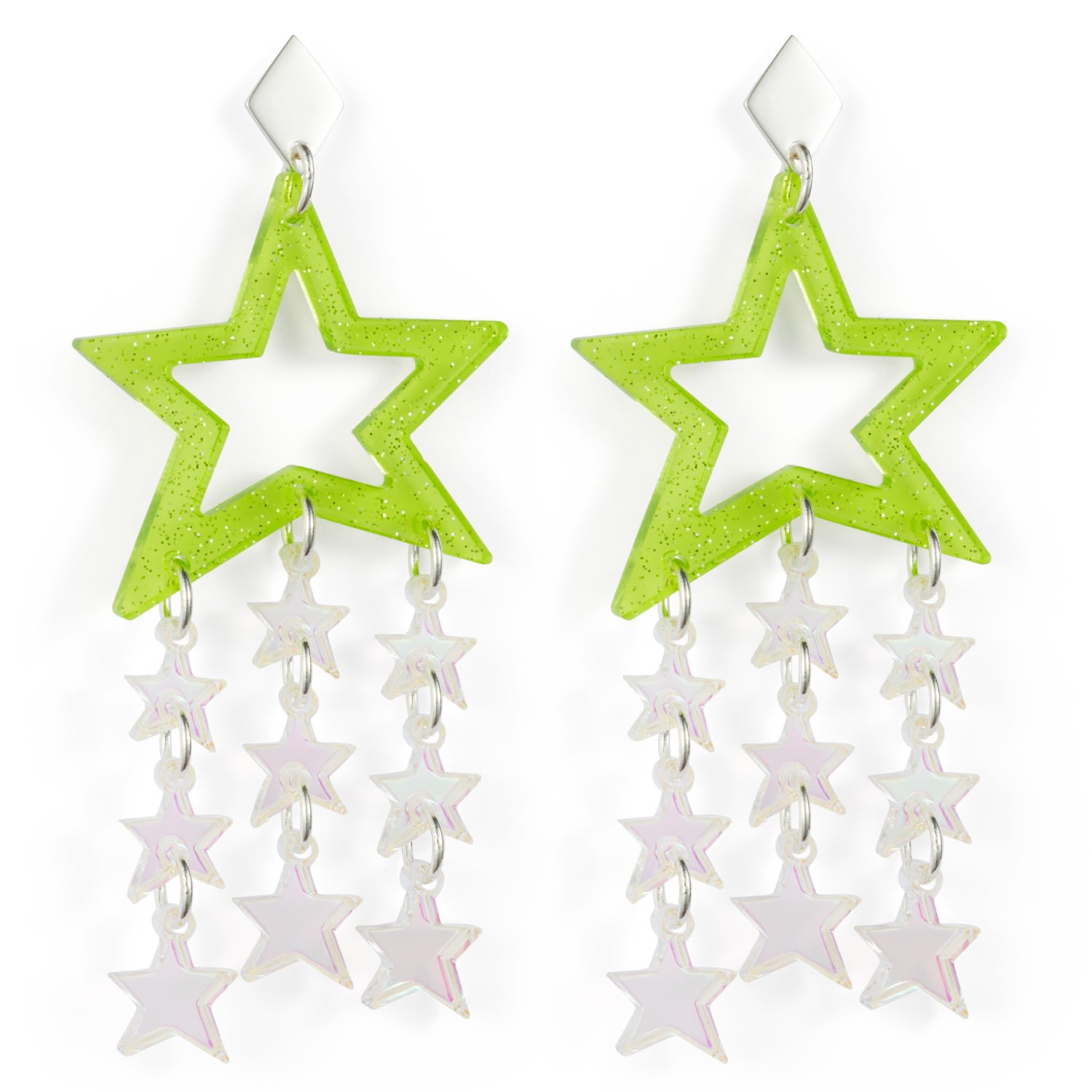 Toolally Women's Green / Silver Star Chandelier Earrings - Green Glitter In Green/silver