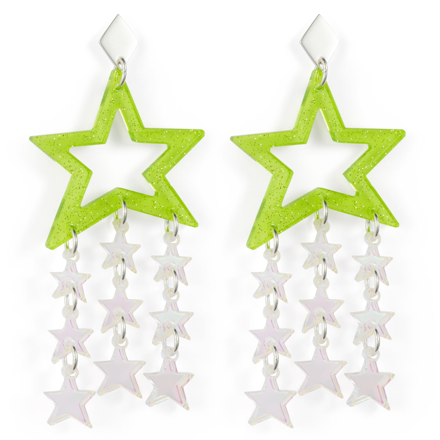 Women’s Green / Silver Star Chandelier Earrings - Green Glitter Toolally