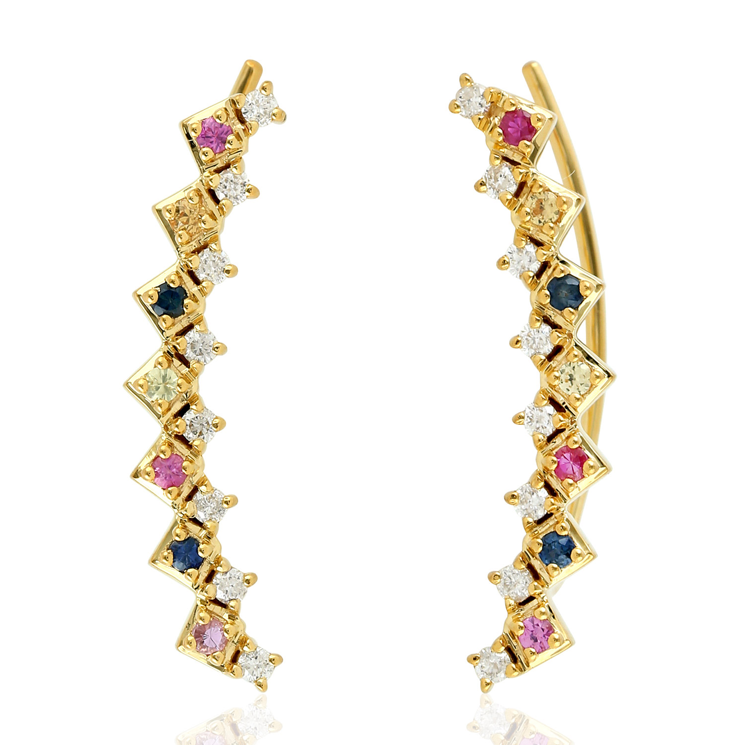 Artisan Women's 18k Yellow Gold Diamond & Multi-sapphire Handmade Ear Climber Earrings In Gold