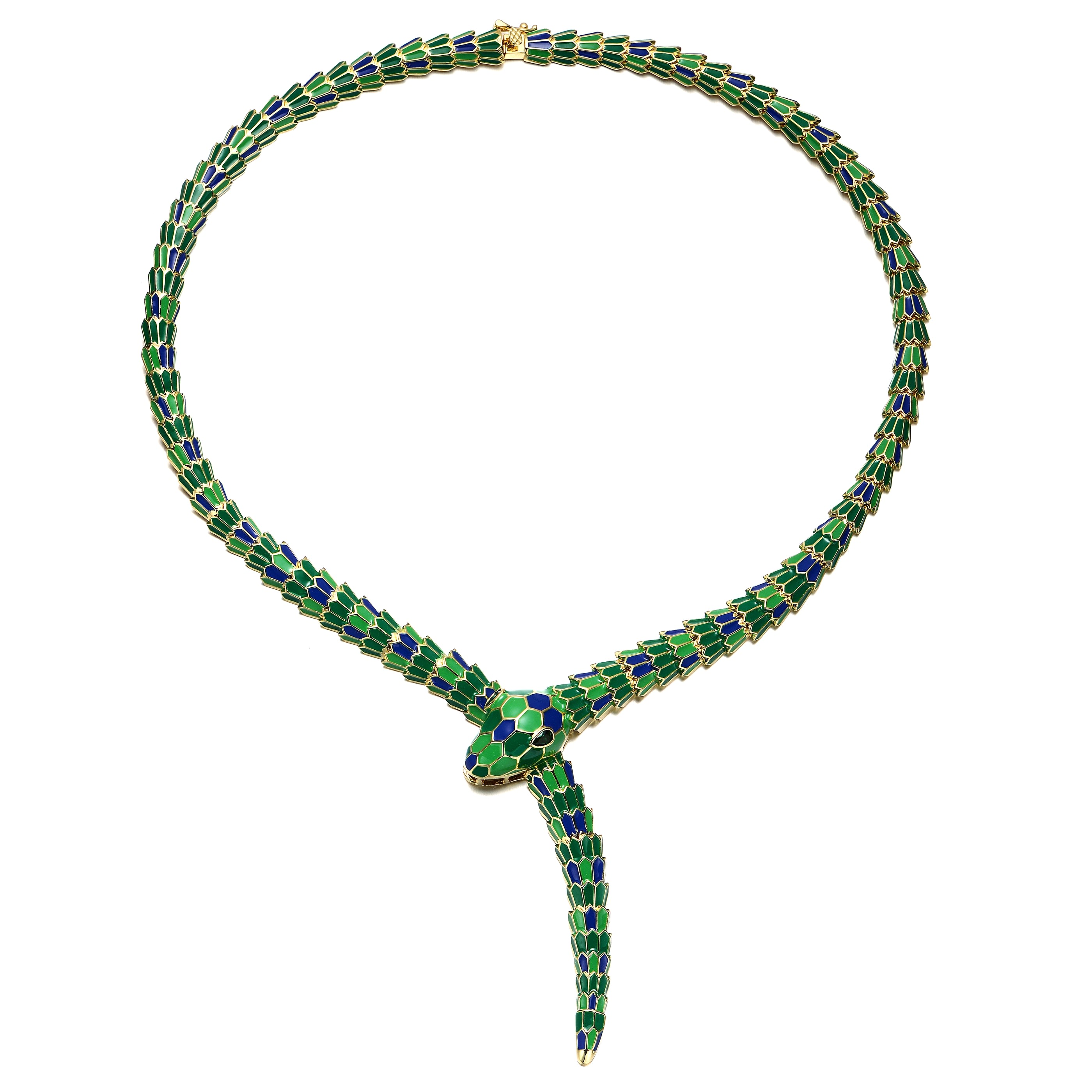 Women’s Gold / Green Rachel Glauber Yellow Gold Plated With Emerald Cubic Zirconia Green Enamel Coiled Serpent Snake Stiff Collar Necklace Genevive Jewelry