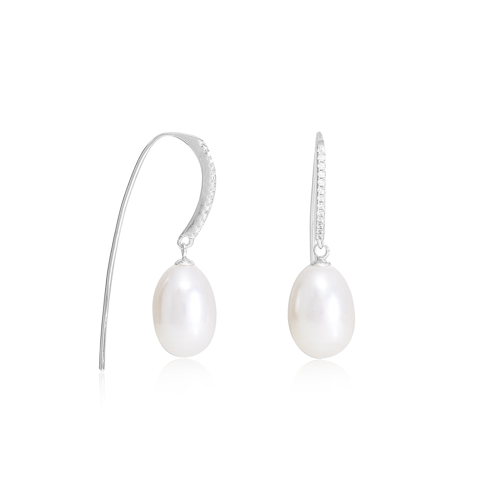 Women’s Silver / White Stella Cultured Freshwater Pearl Drop Earrings On Long Pave Silver Hooks Pearls of the Orient Online