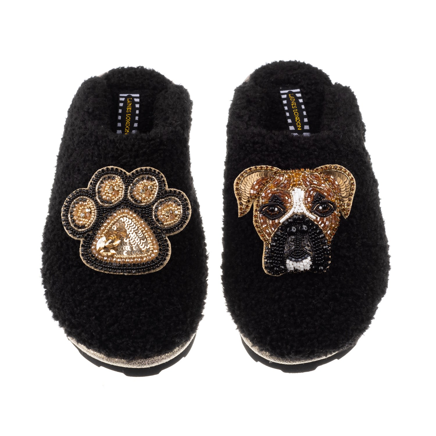 Women’s Teddy Towelling Closed Toe Slippers With Pip The Boxer & Paw Print Brooches - Black Medium Laines London