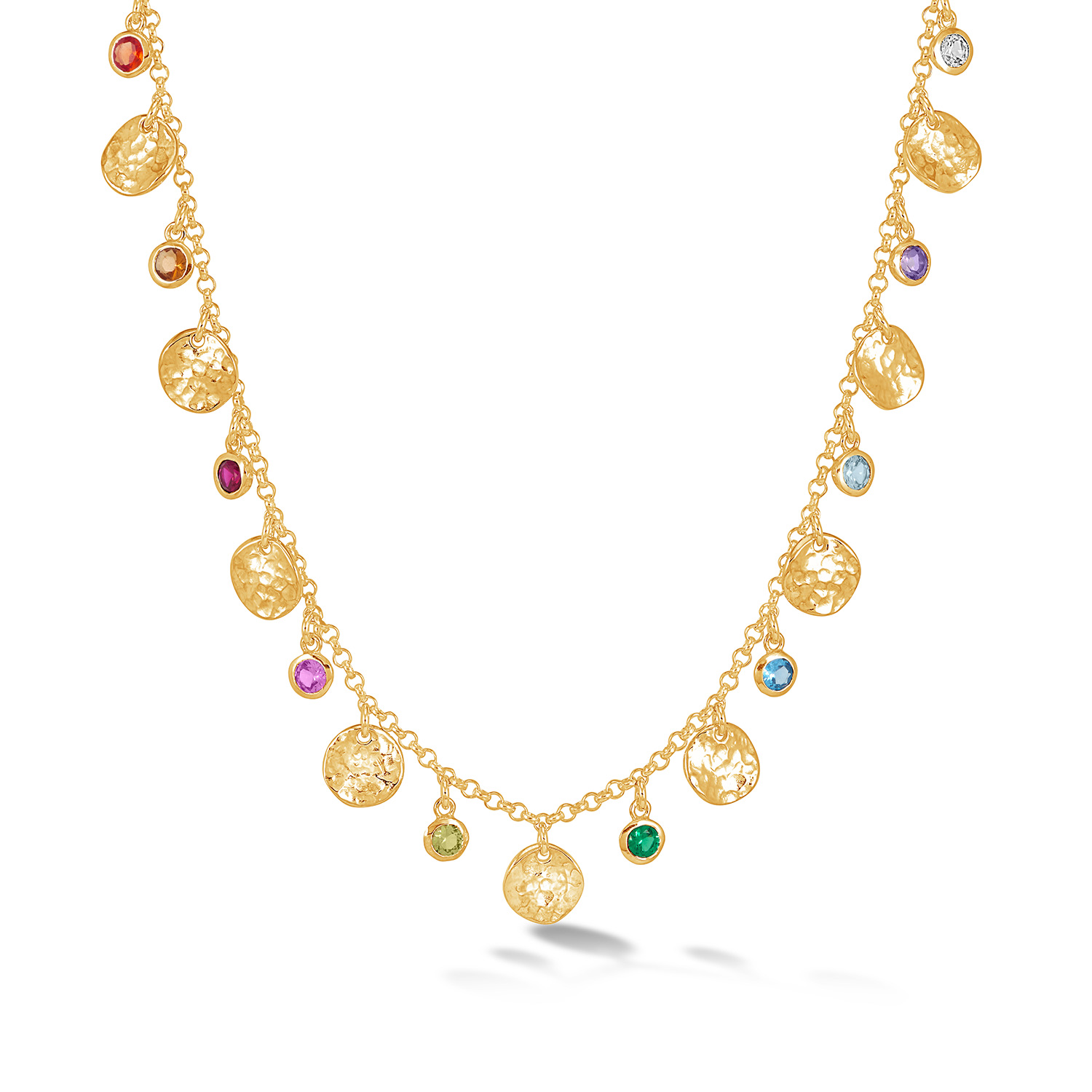 Dower & Hall Women's Hammered Disc & Mixed Gemstone Array Necklace In Gold Vermeil In Gold