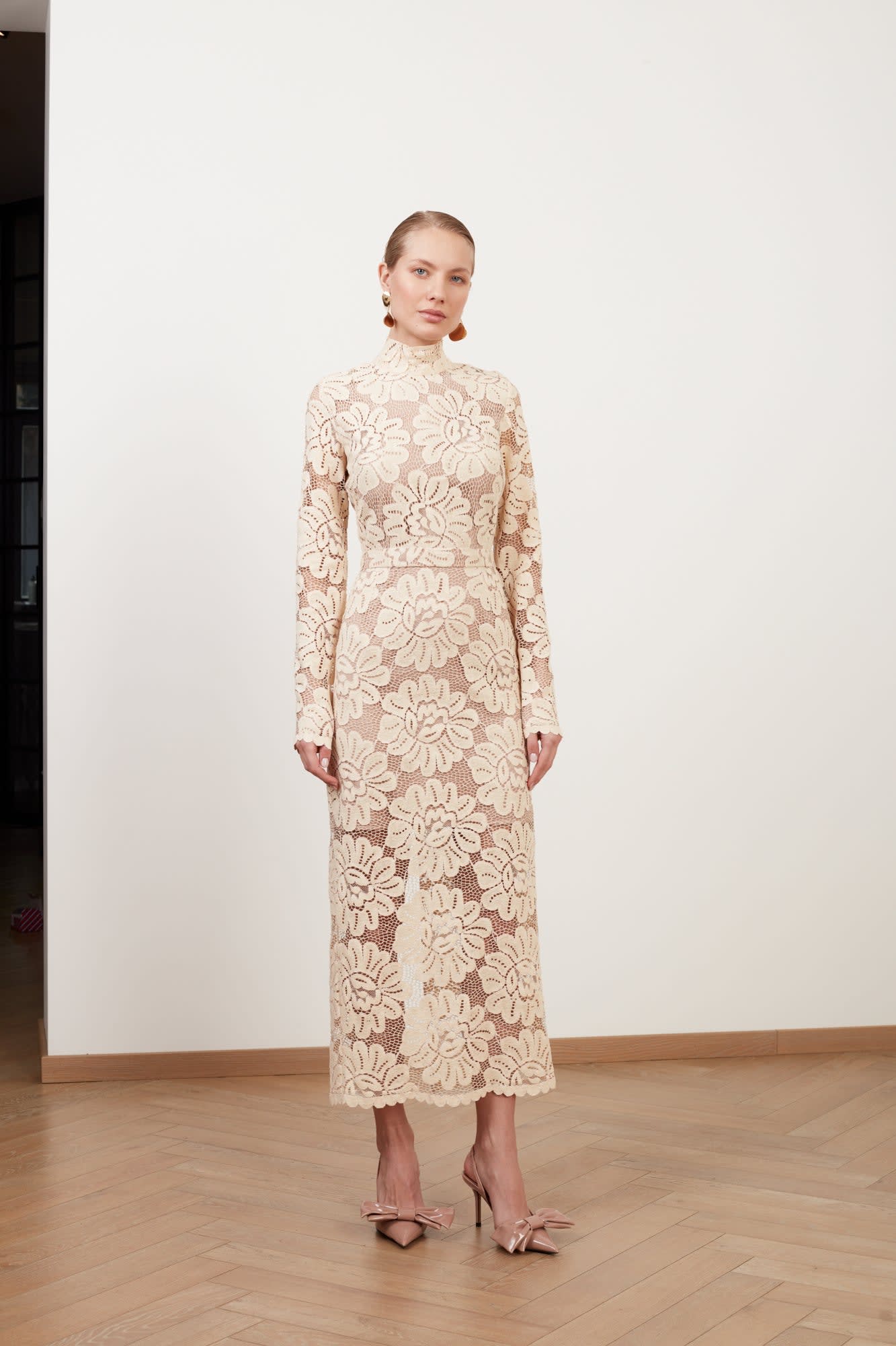 Elena Cream Floral Lace Midi Dress With Turtleneck | UNDRESS