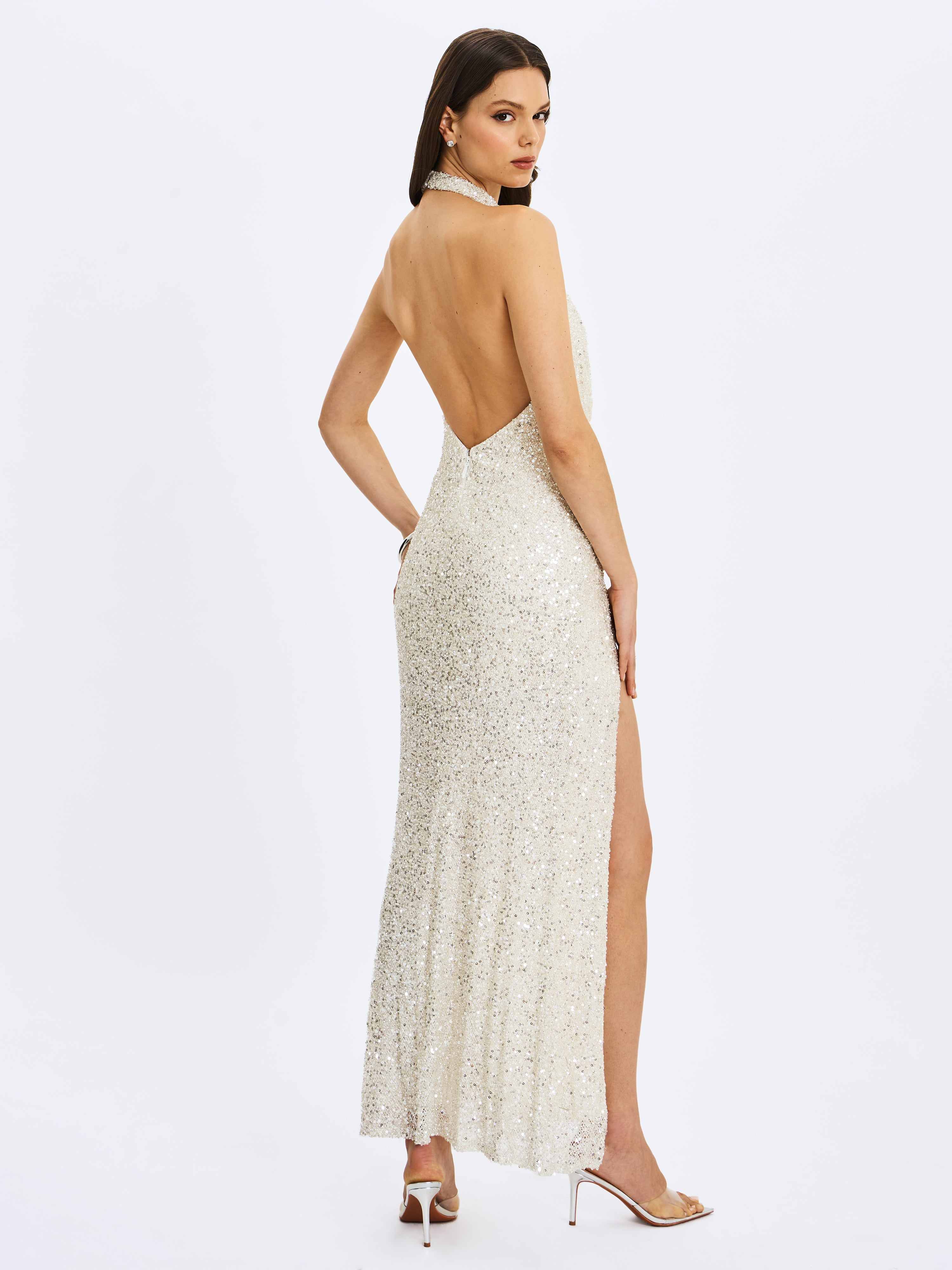 Niamh Golden Beaded Cowl Halter Backless Maxi Dress by Miss Circle New York