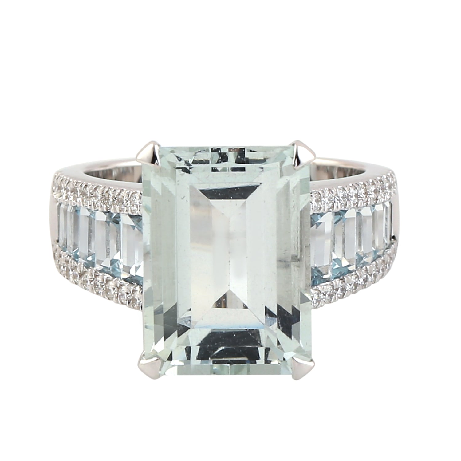 Women’s White / Blue Natural Baguette Aquamarine & Pave Diamond With 18K White Gold Cocktail Ring Artisan