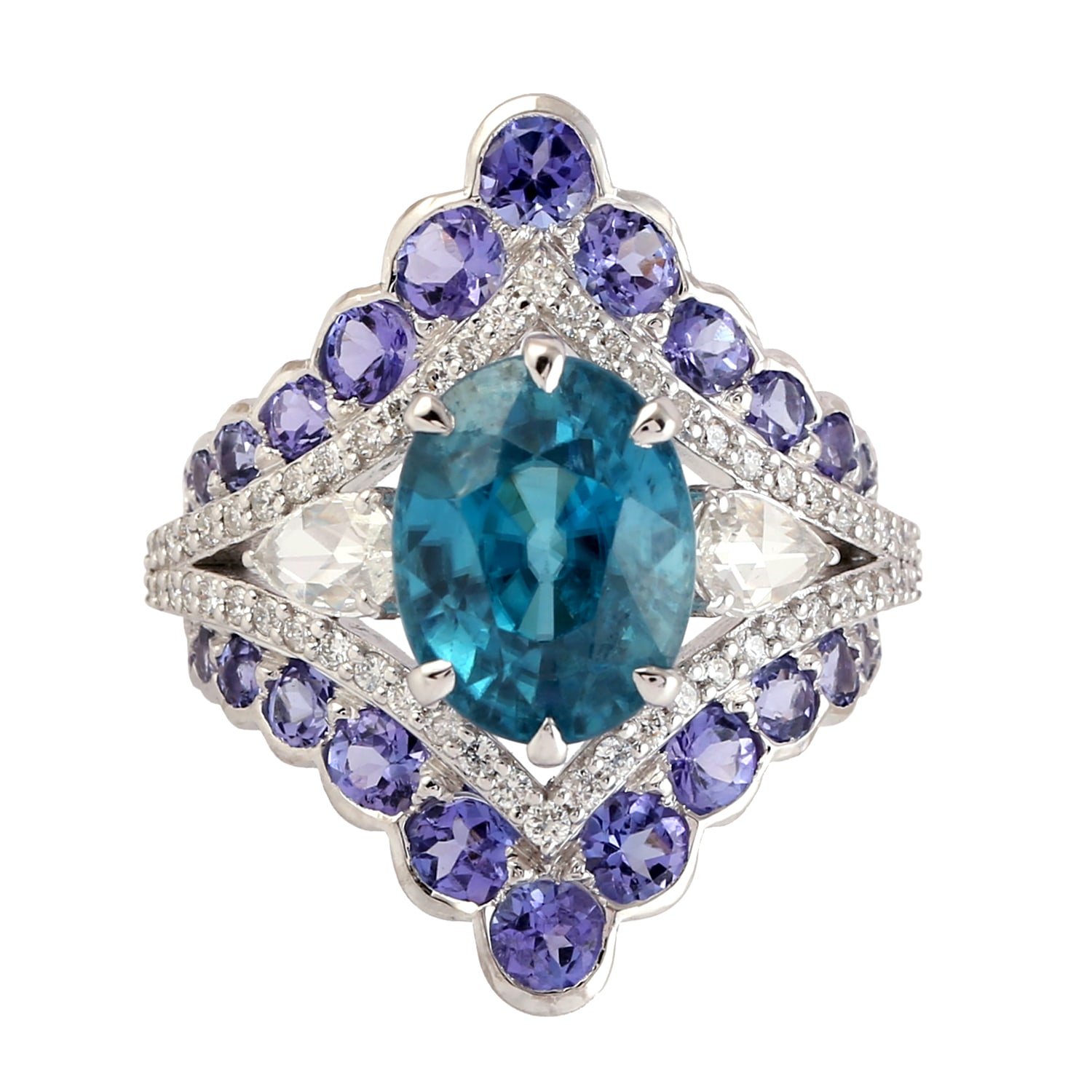 Women’s White / Blue Rose Cut Diamond & Oval Cut Zirconia With Tanzanite In 18K White Gold Victorian Ring Artisan