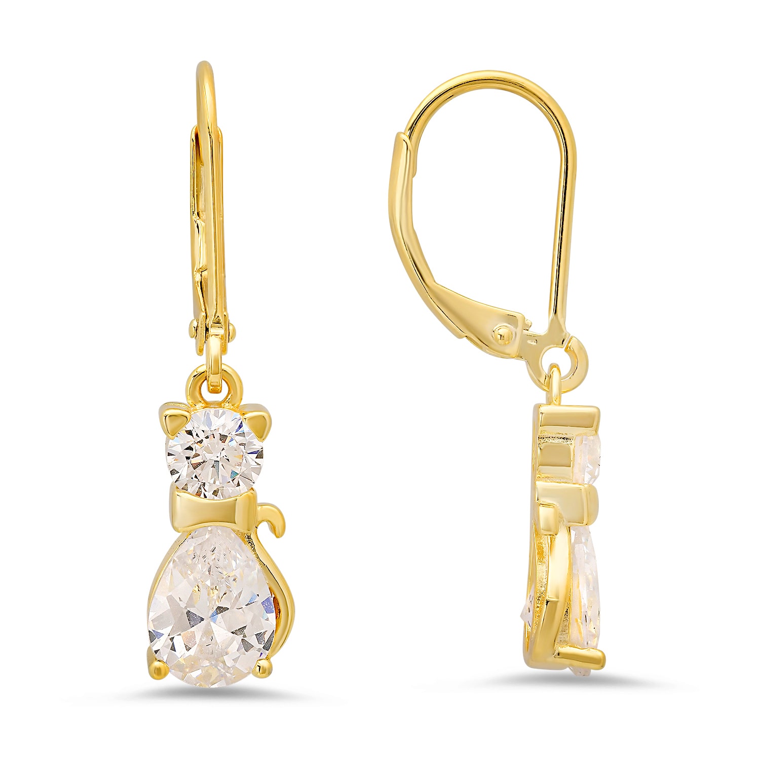 Kylie Harper Women's Gold Dangling Kitty Cat Diamond Cz Leverback Earrings