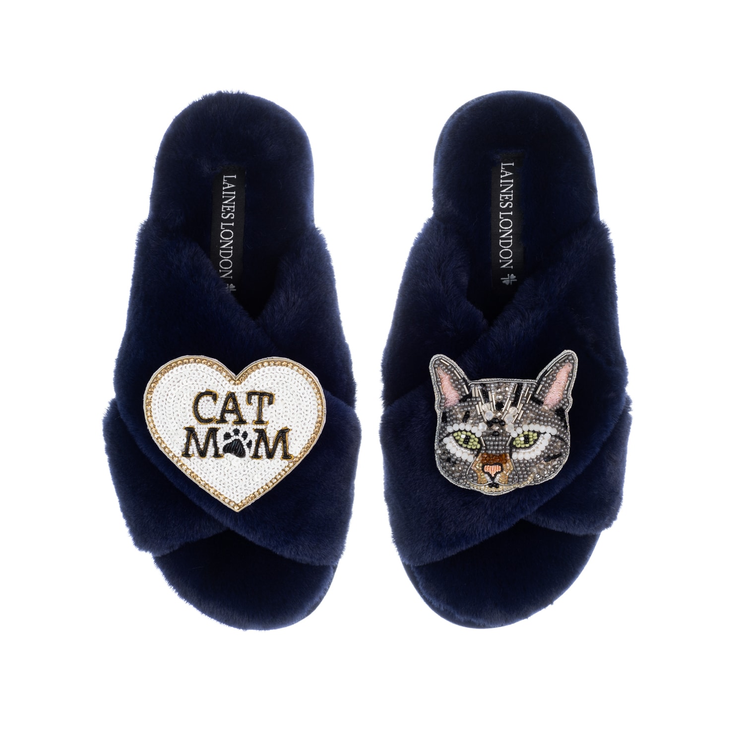 Laines London Women's Blue Classic Laines Slippers With Grey Pebbles Cat & Cat Mum / Mom Brooches - Navy In Blue