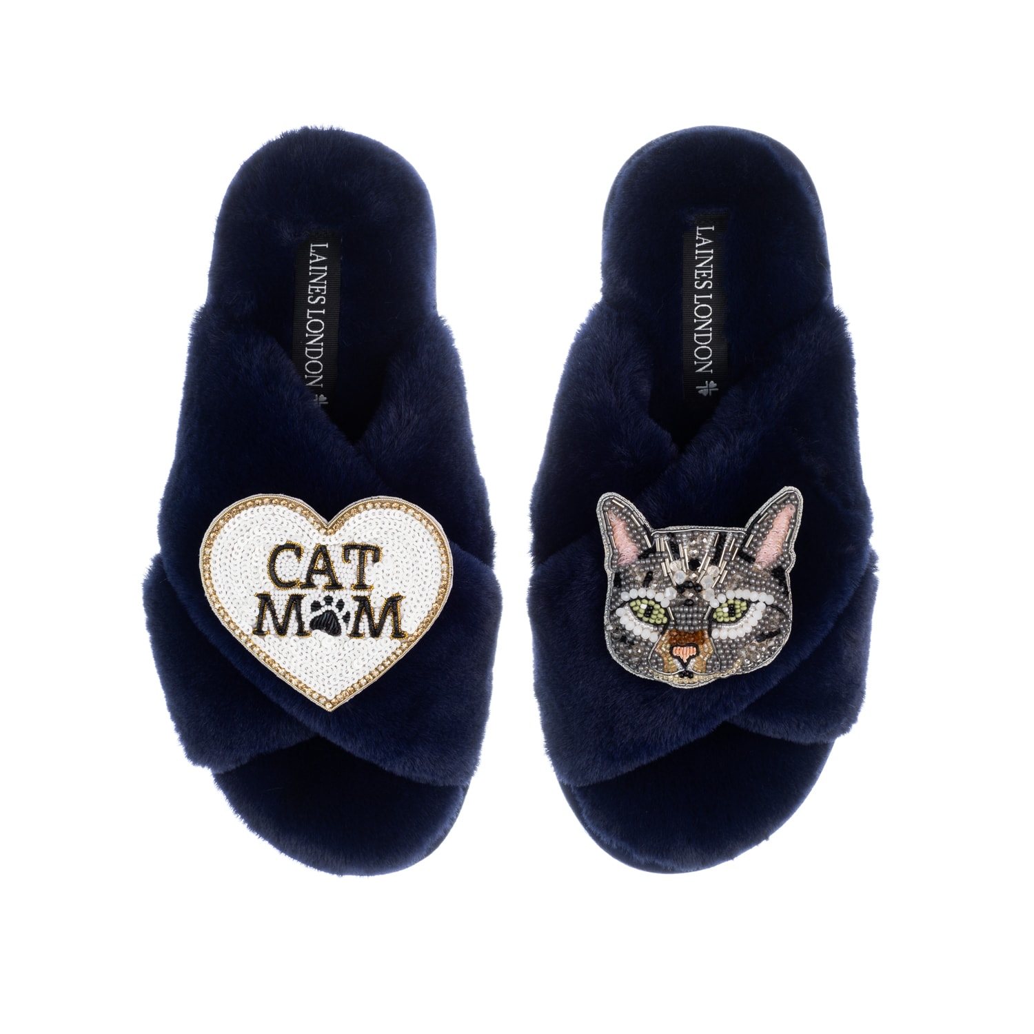 Women’s Blue Classic Laines Slippers With Grey Pebbles Cat & Cat Mum / Mom Brooches - Navy Large Laines London