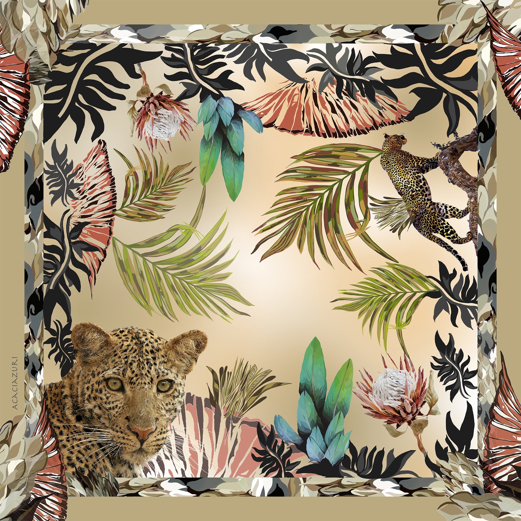 Acaciazuri Women's Gold / Green / Black The Lavish Leopard Silk Scarf In Multi