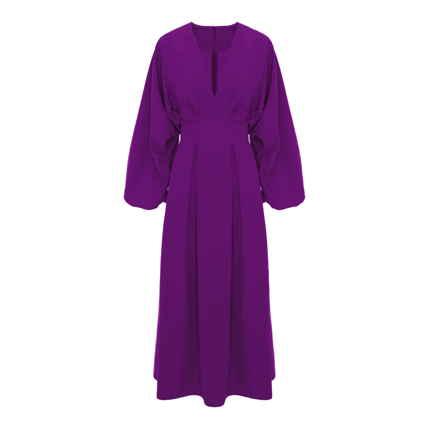 Bluzat Women's Pink / Purple Purple Midi Dress With Balloon Sleeves And V-neck