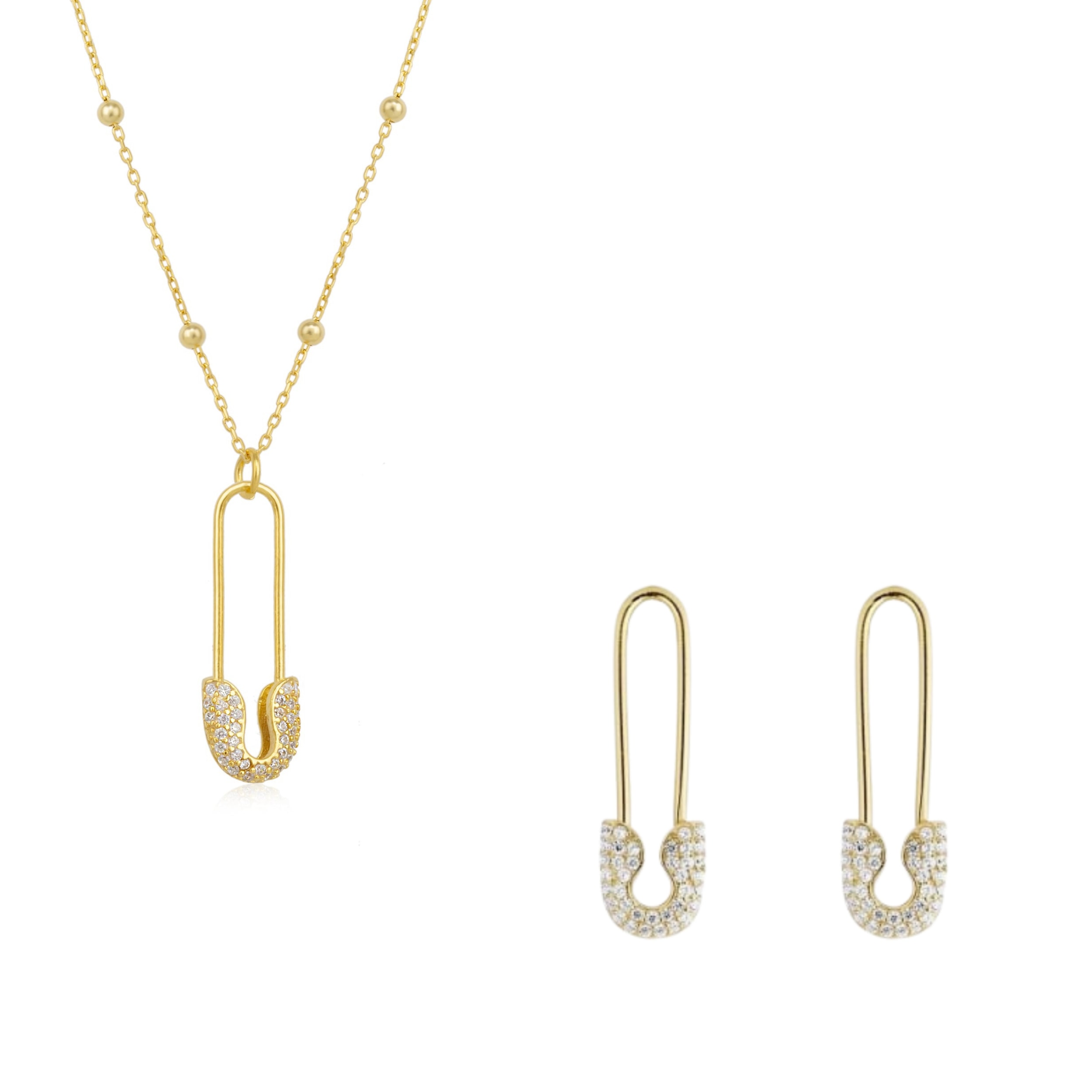 Women’s Sterling Silver Jewelled Safety Pin Necklace With Beaded Chain & Earring Set - Gold Spero London