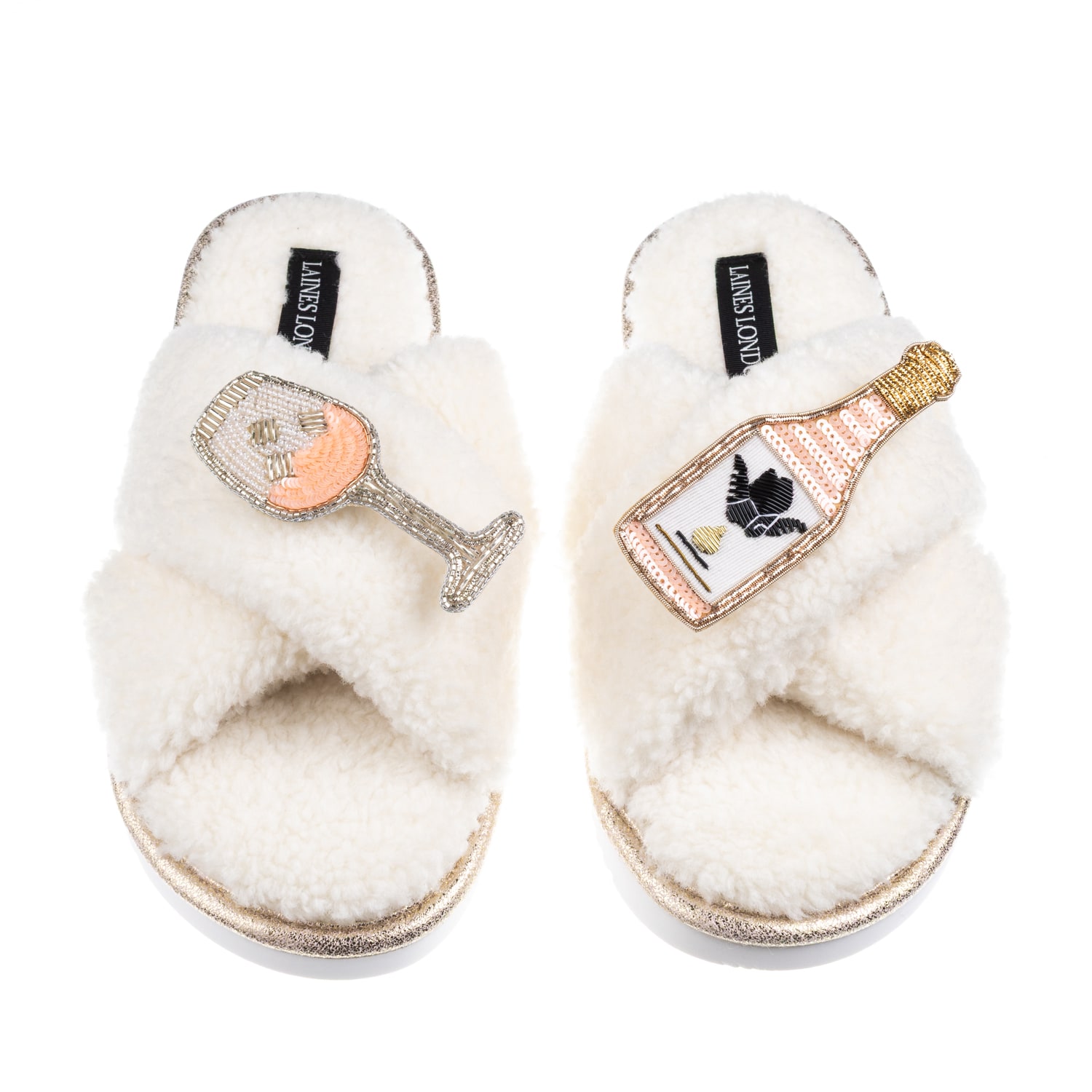 Laines London Women's Neutrals / White Laines Neutral Boucle Slippers With Angelic Rose Wine Brooches - Cream In White