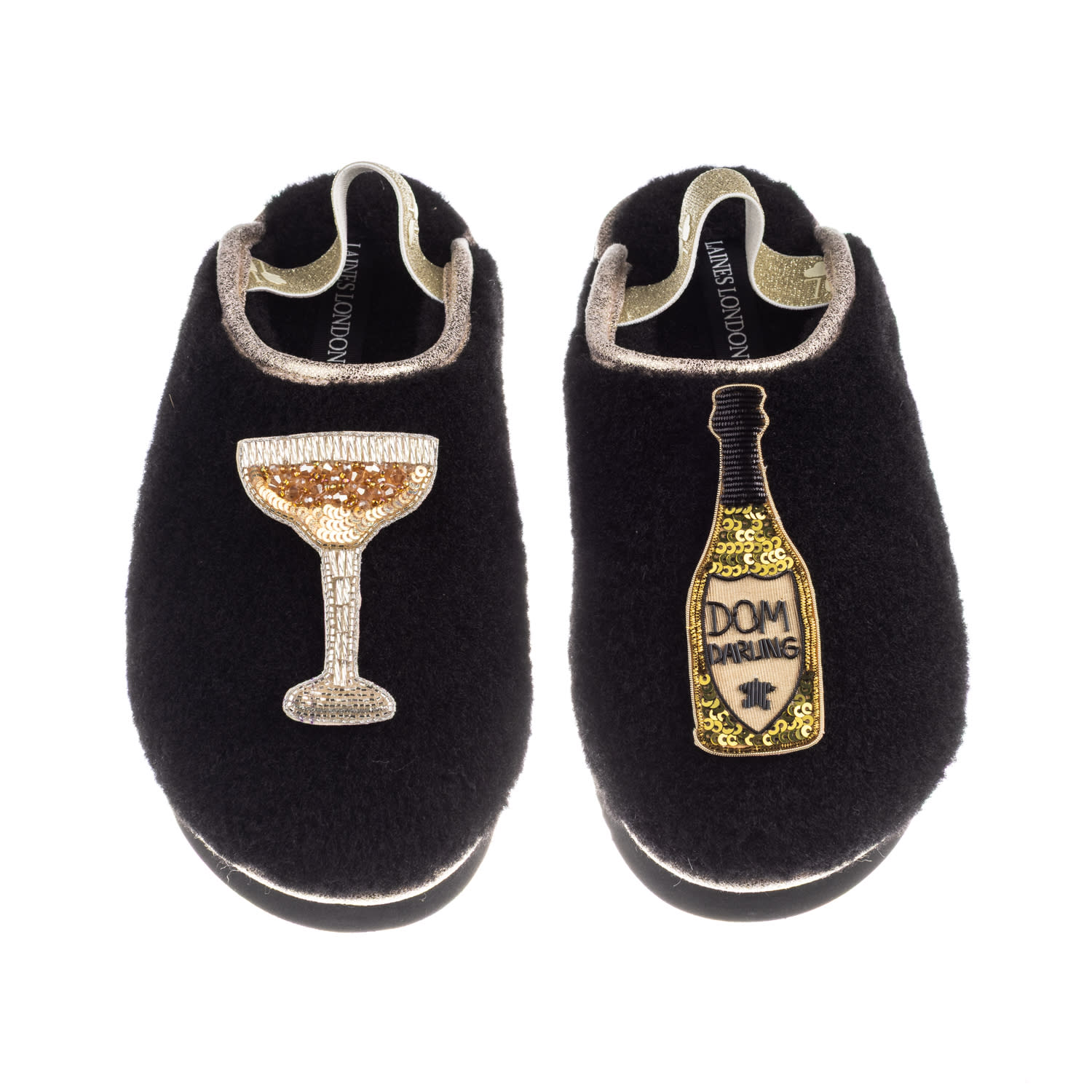 Laines London Women's Black / Gold Flatform Cloud Slippers With Dom Darling Champagne Brooches - Black In Black
