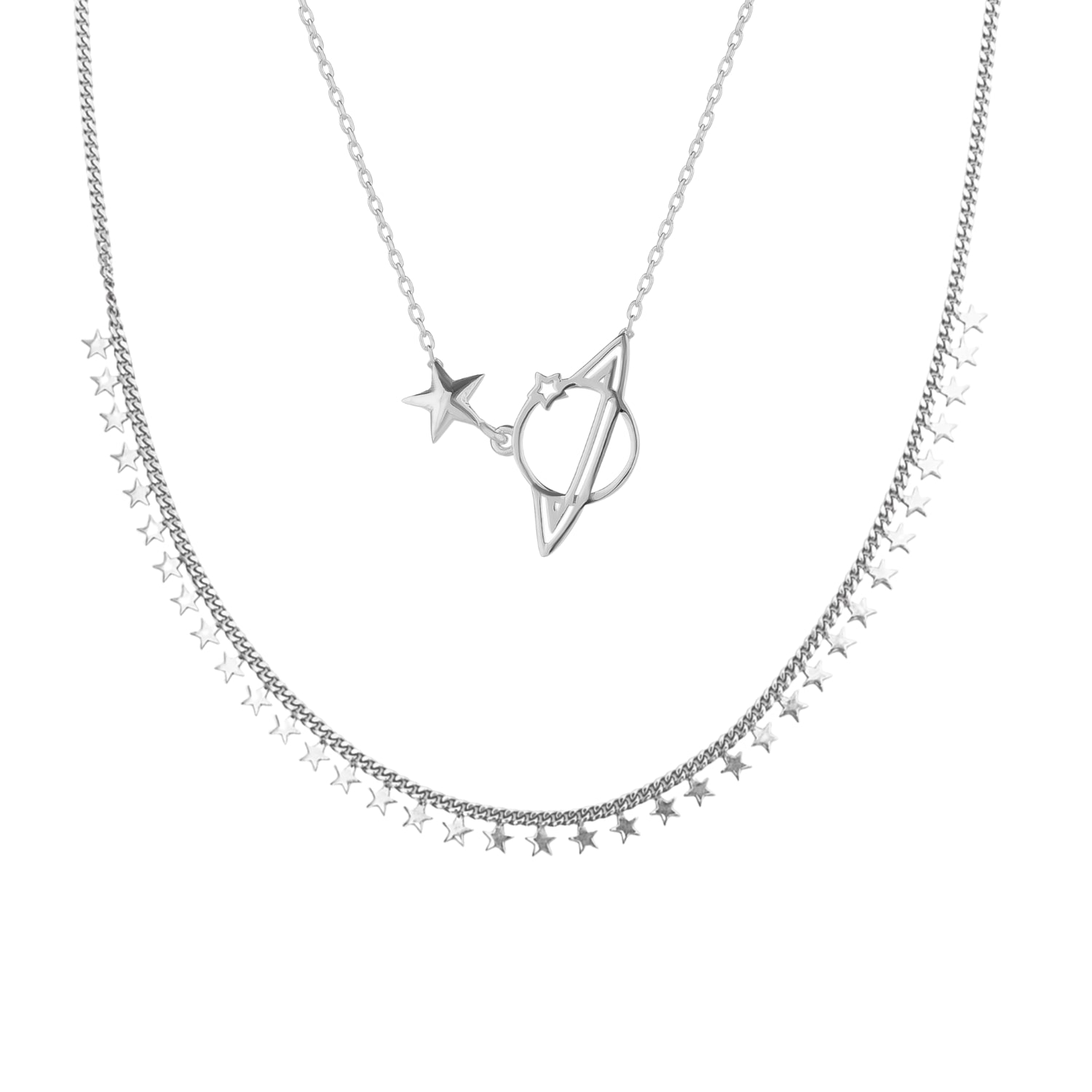 Spero London Women's Multiple Star Sterling Silver Station & Saturn Necklace Stacking Layering Set - Silver