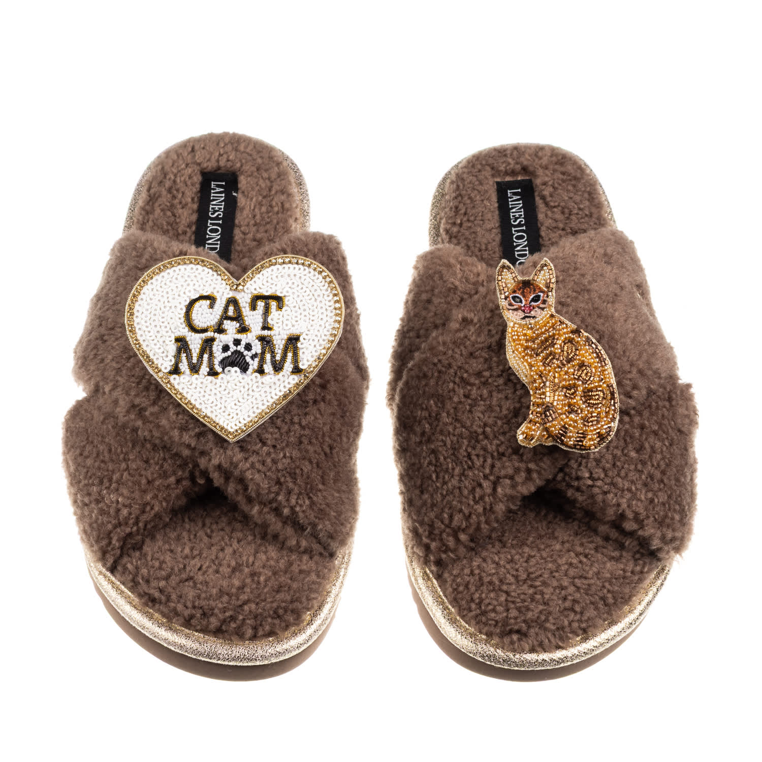Laines London Women's Brown / Neutrals Boucle Slippers With Cat Mum/mom & Bengal Cat Brooches - Mink In Brown