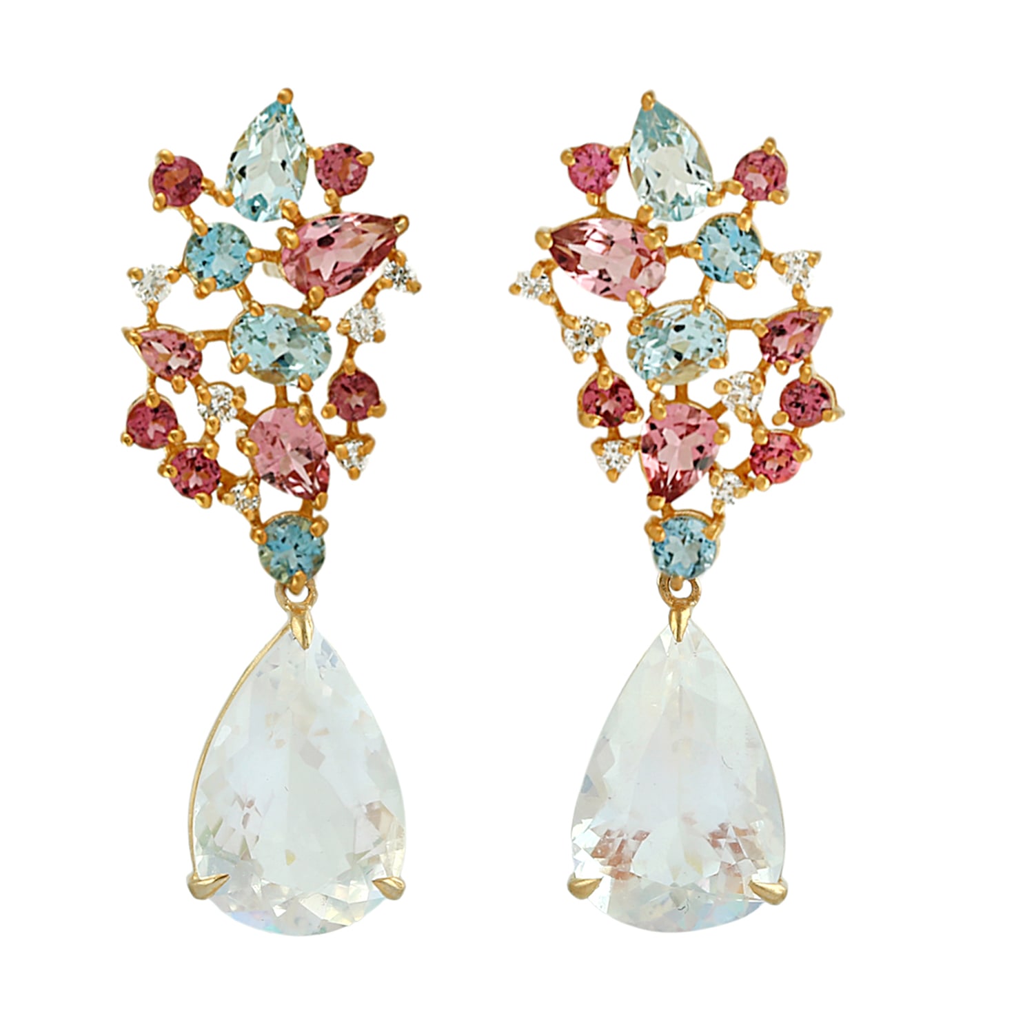 Artisan Women's Pink Tourmaline & Blue Moonstone Aquamarine Pave Diamond Dangle Earrings In Gold