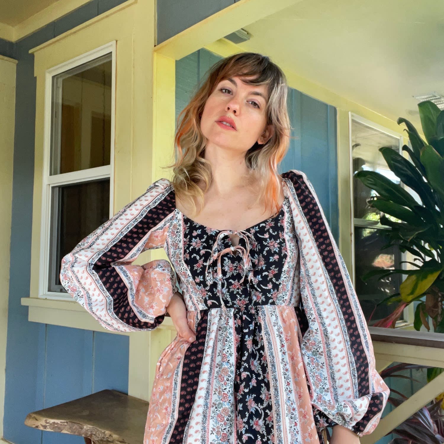 Marcela Dress In Black, Peach & Milky White Floral Stripe