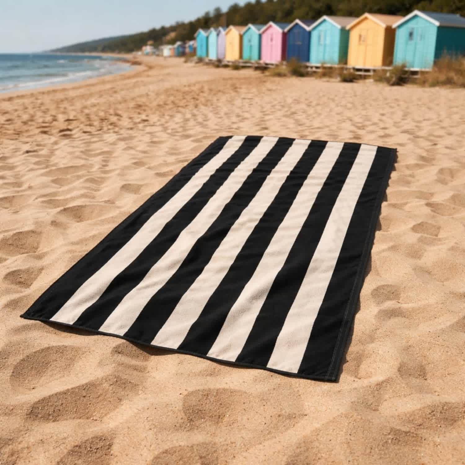 Extra Large Organic Cotton Striped Beach Towel - Black & Natural