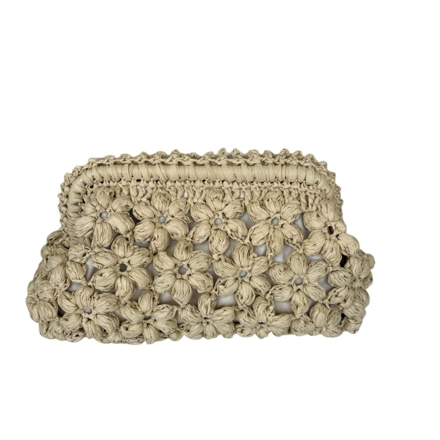 Springmoonatelier Women's Neutrals Handmade Cream Raffia Clutch Bag With Floral Motifs – Elegant Spring And Summer Pur