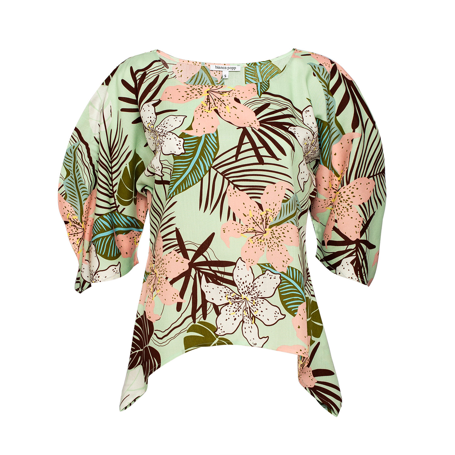 Bianca Popp Women's Green Puff Blouse With Flaps In Mint Floral Print In Green