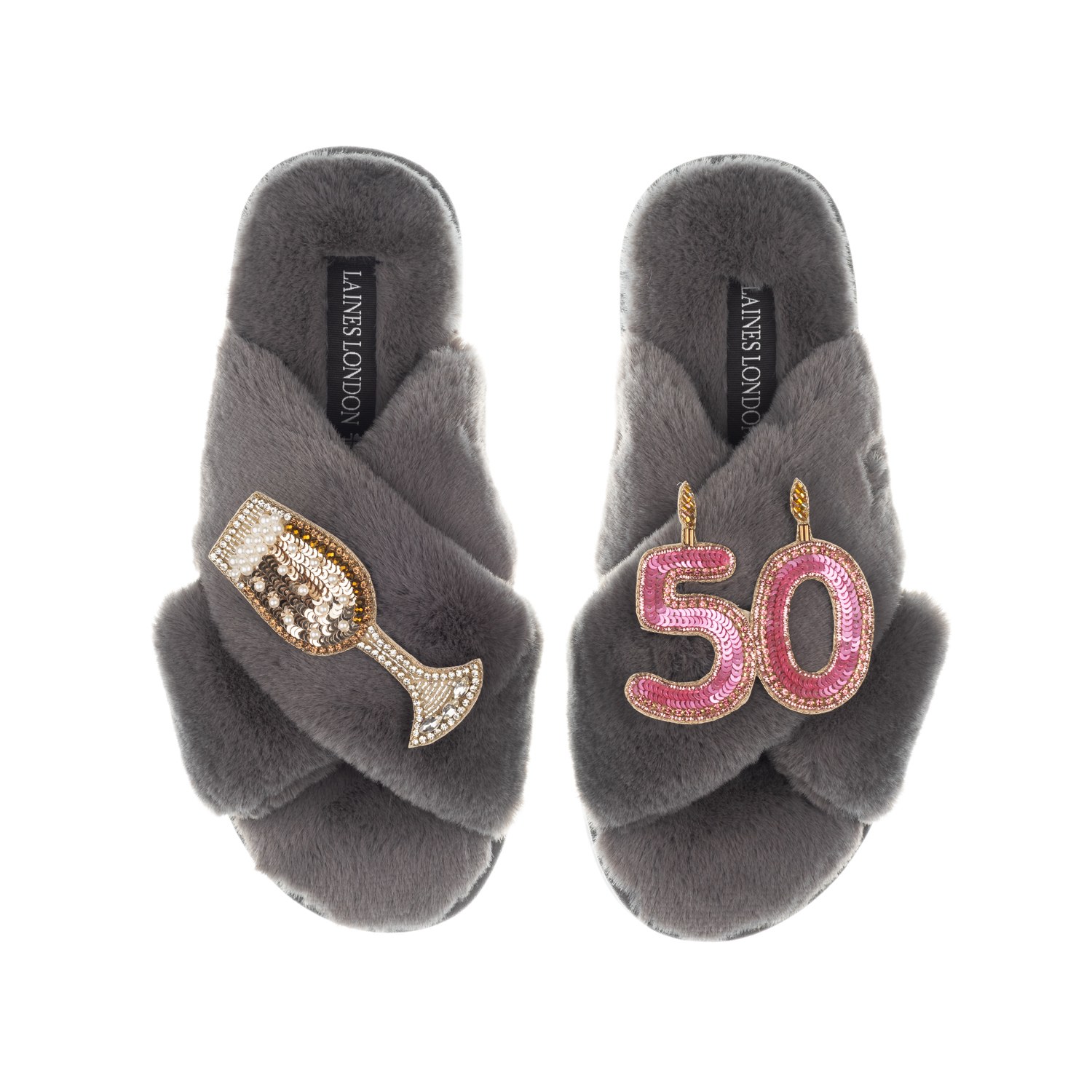 Laines London Women's Classic Laines Slippers With 50th Birthday & Champagne Glass Brooches - Grey In Grey