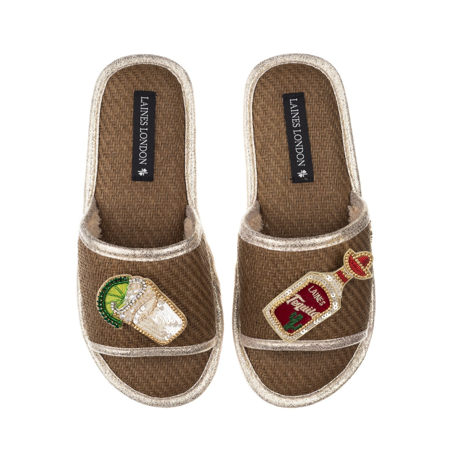 Women’s Brown Straw Braided Sandals With Handmade Tequila Slammer Brooches - Caramel Small Laines London