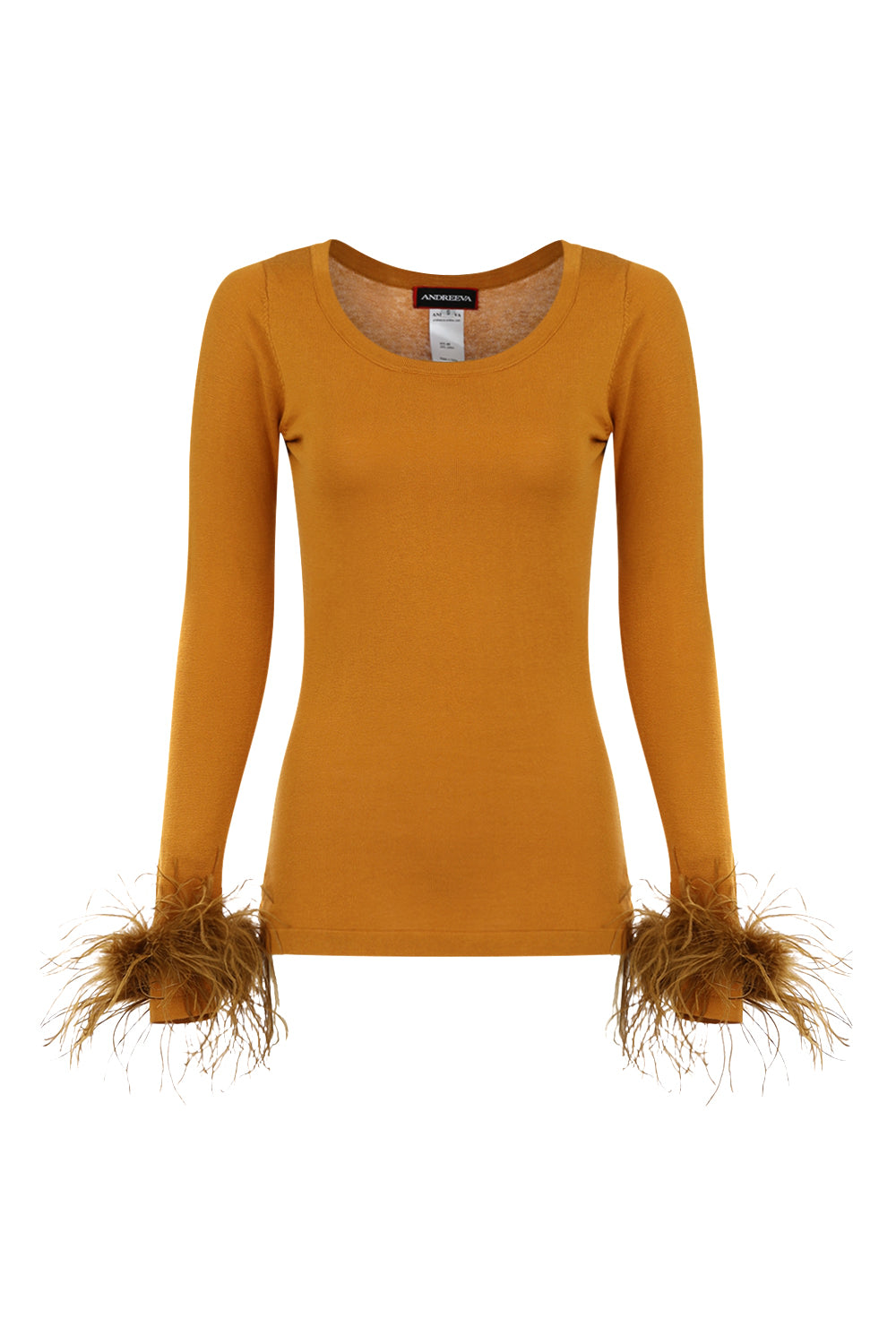 Andreeva Camel Knit Top With Detachable Feather Cuffs In Brown