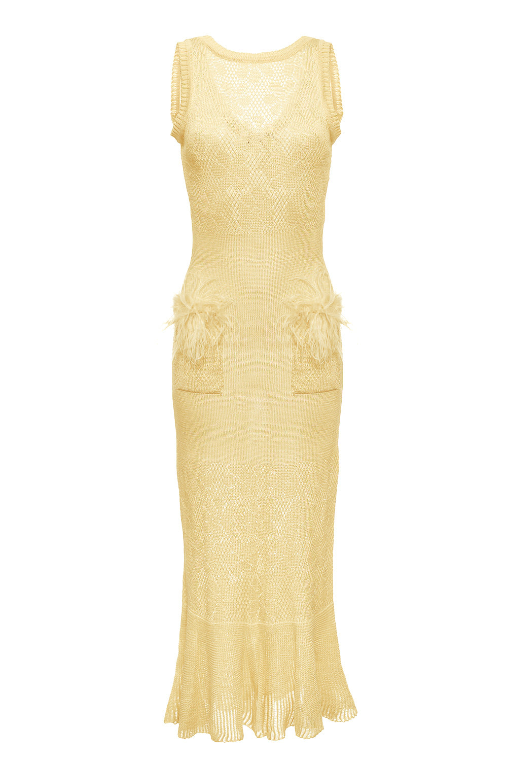 Andreeva Women's Yellow / Orange Champagne Rose Knit Dress With Feathers In Yellow/orange