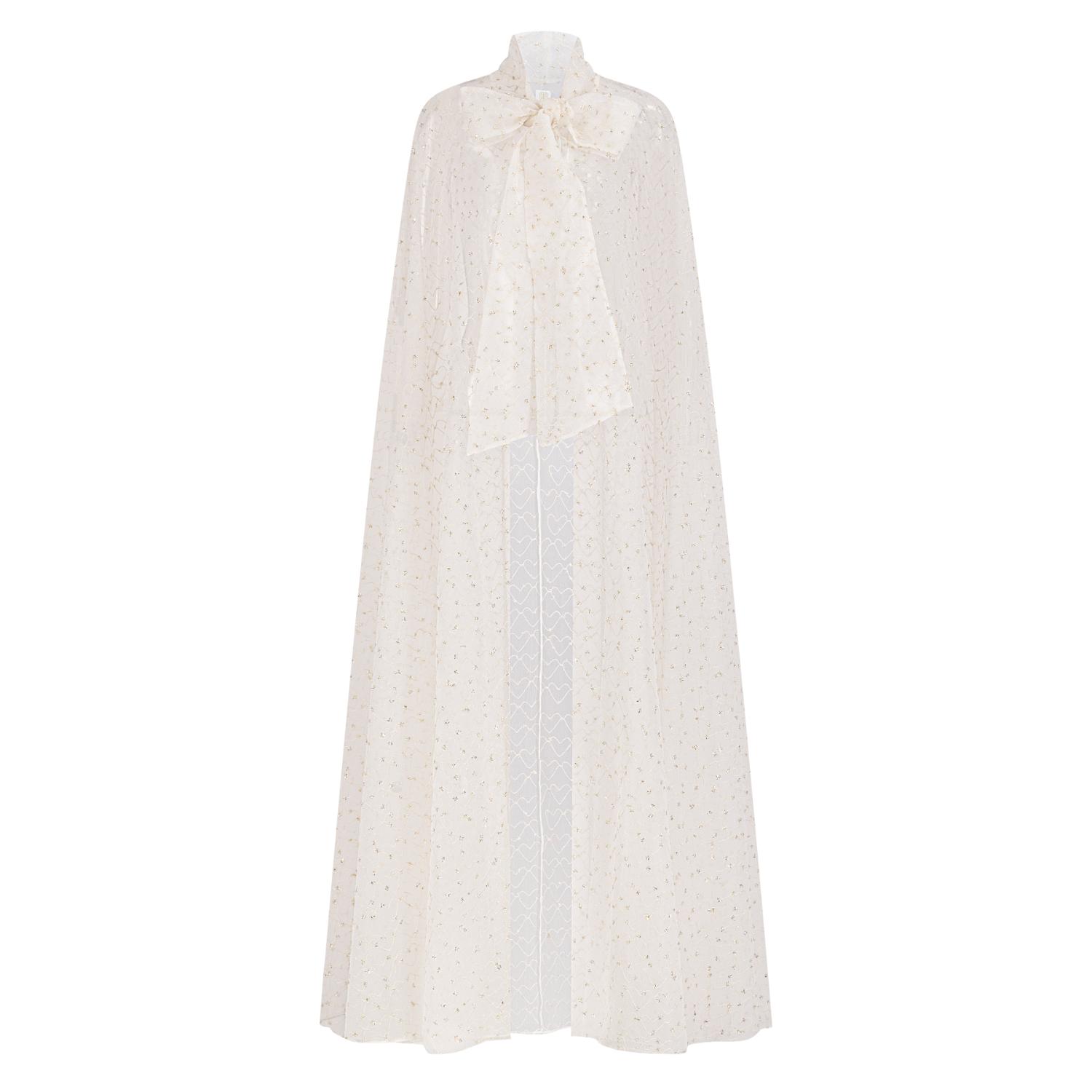 Azzalia Women's Organza Cape With Neck Bow With Heart Shaped Metallic Threads-star White In White