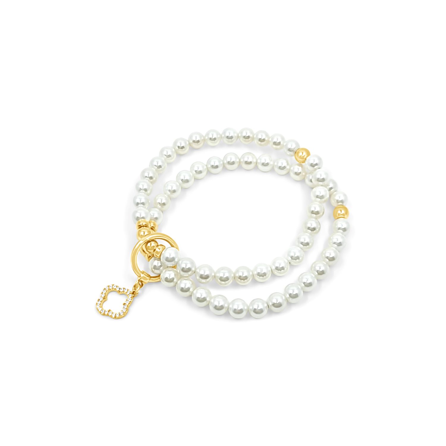 Lutiro Women's Double Beaded White Shell Pearl With Clover Cz Bracelet-gold