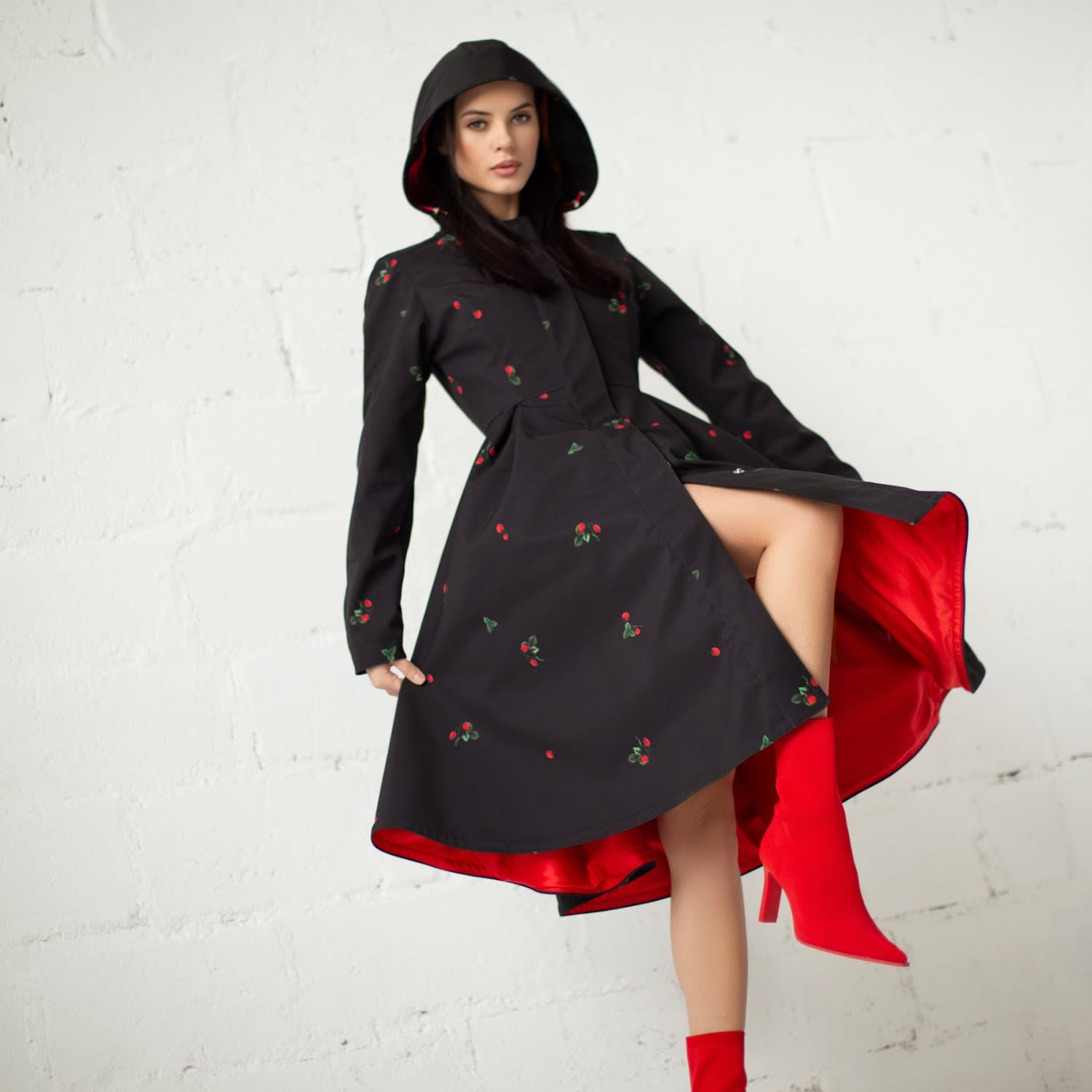 Black Waterproof Coat With Strawberry Print: Wild Strawberry