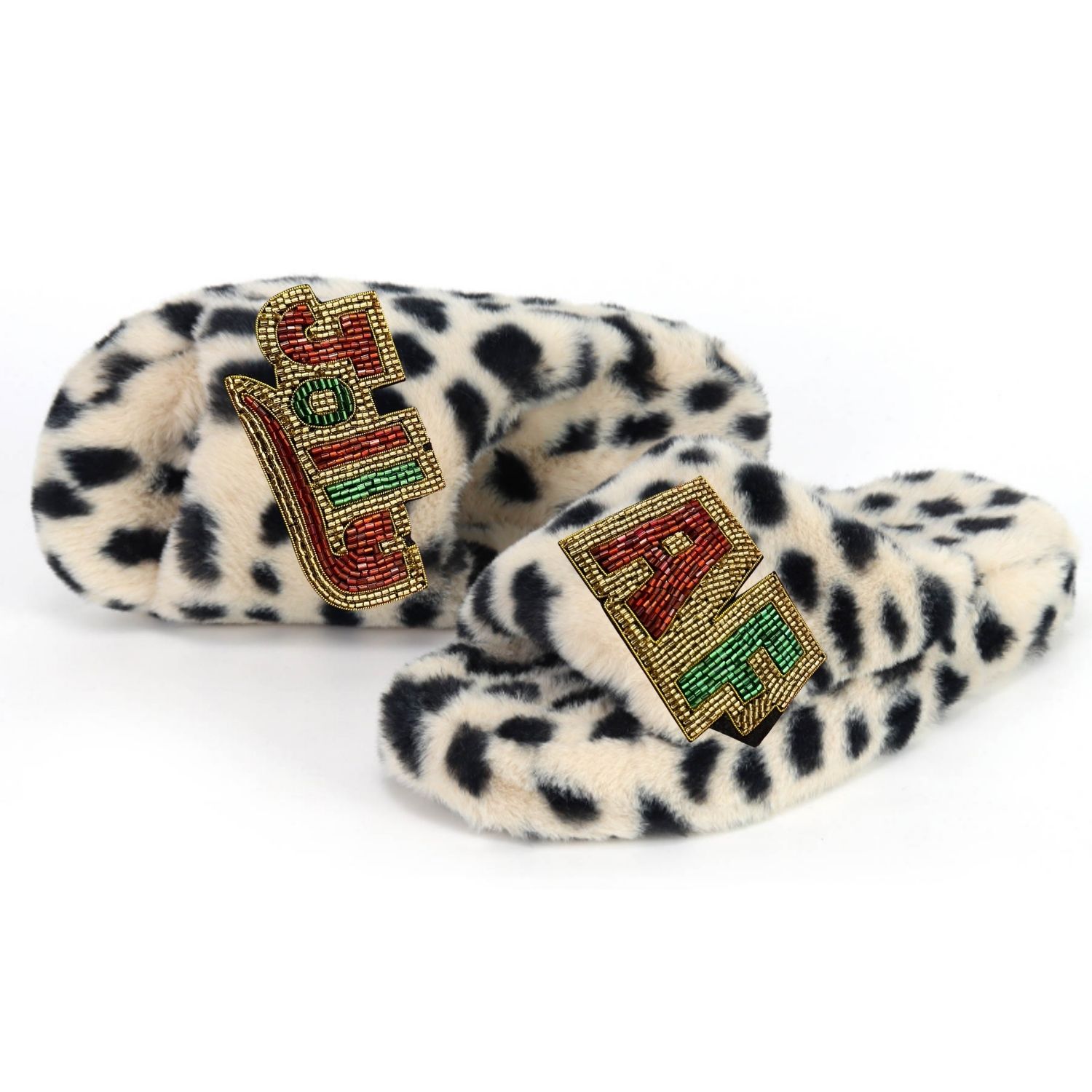 Yomisma Women's Black / Neutrals Eco Faux Fur Cheetah Holiday Slippers Jolly + Af Hand Beaded Brooches