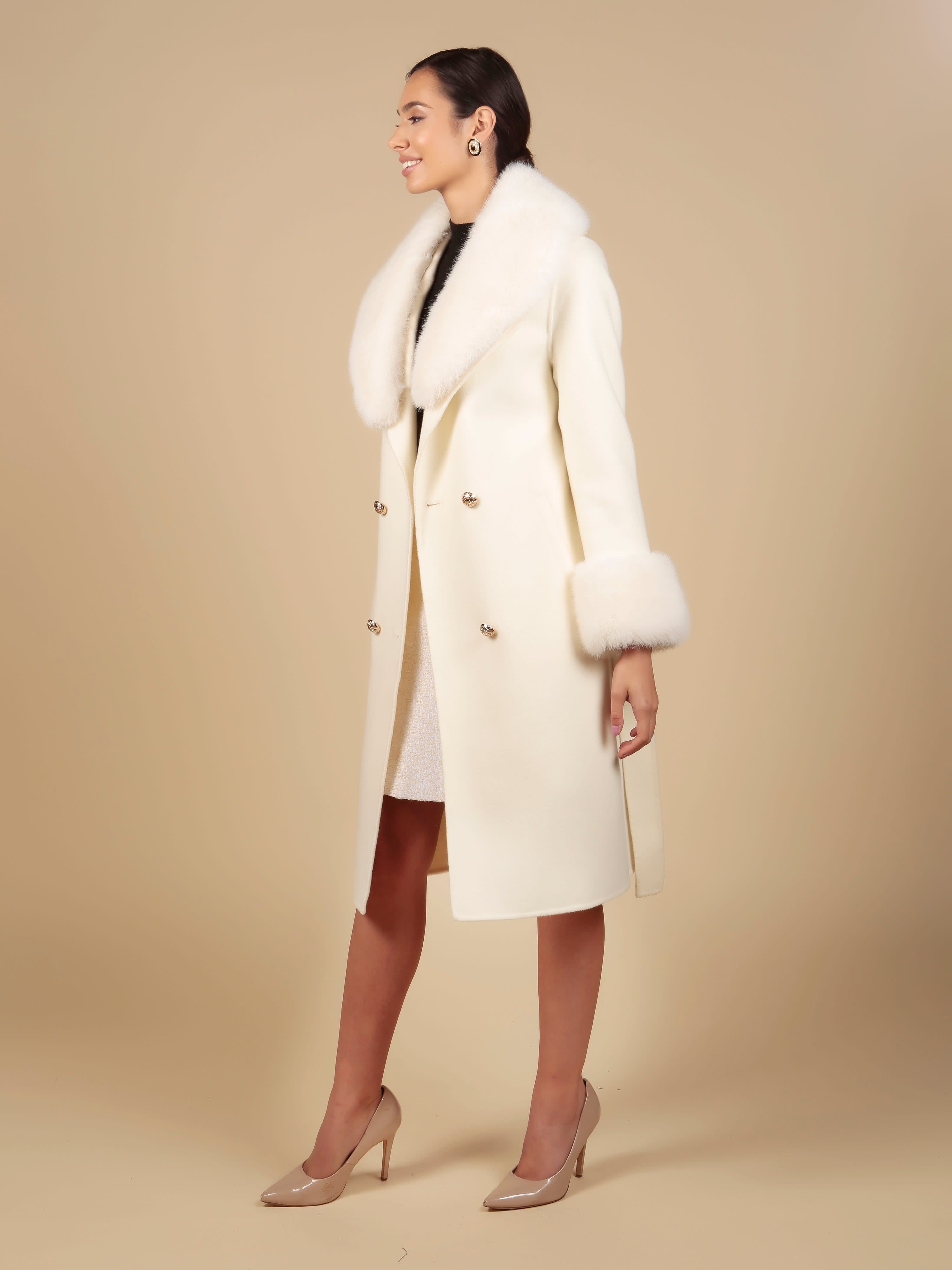 Marlene Cashmere & Wool Coat With Faux Fur In White | Santinni