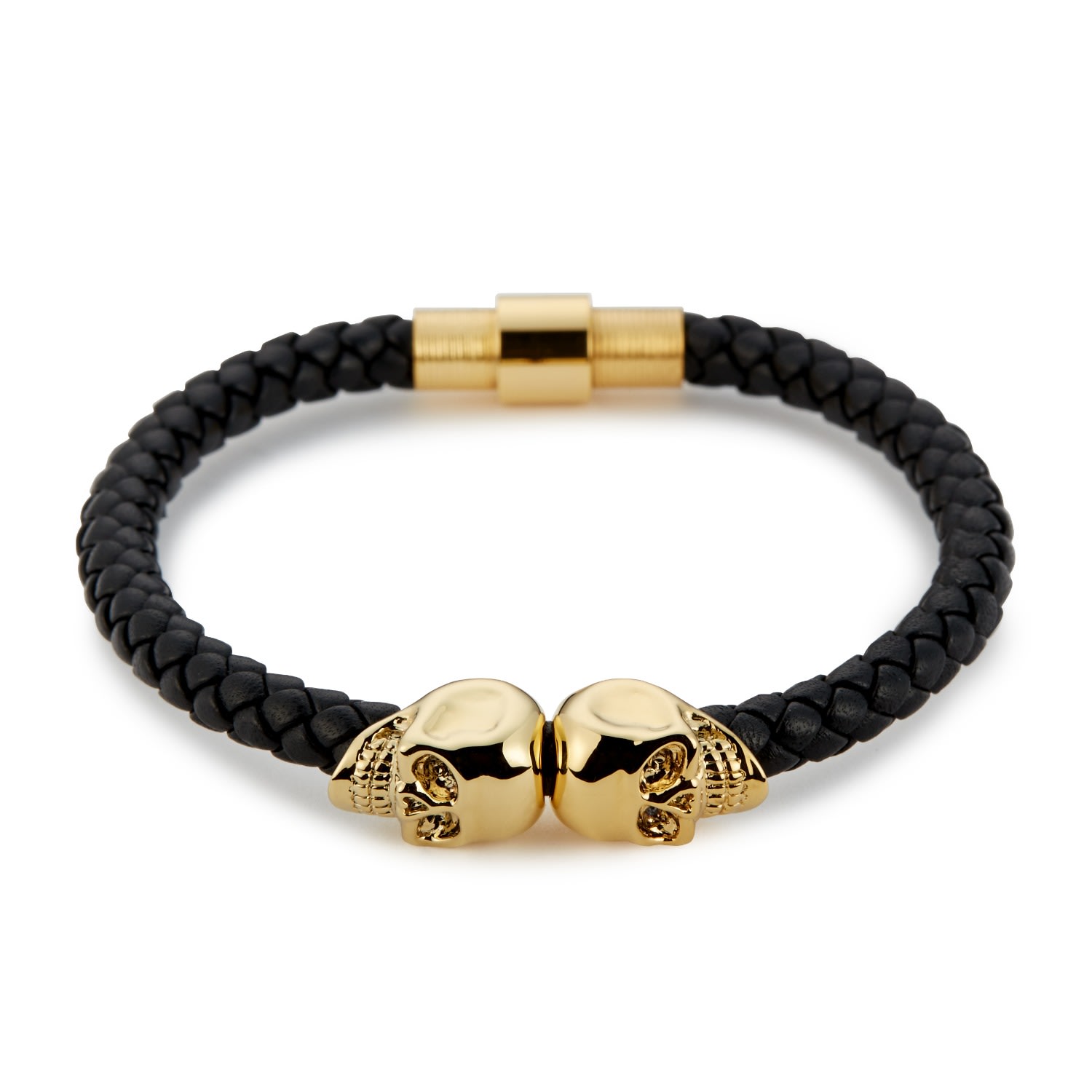 Northskull Men's Black Nappa Leather / Gold Twin Skull Bracelet