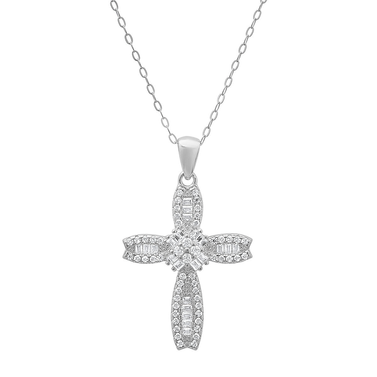 Kylie Harper Women's Petite Luxurious Baguette-cut Diamond Cz Cross Pendant Necklace In Sterling Silver In White