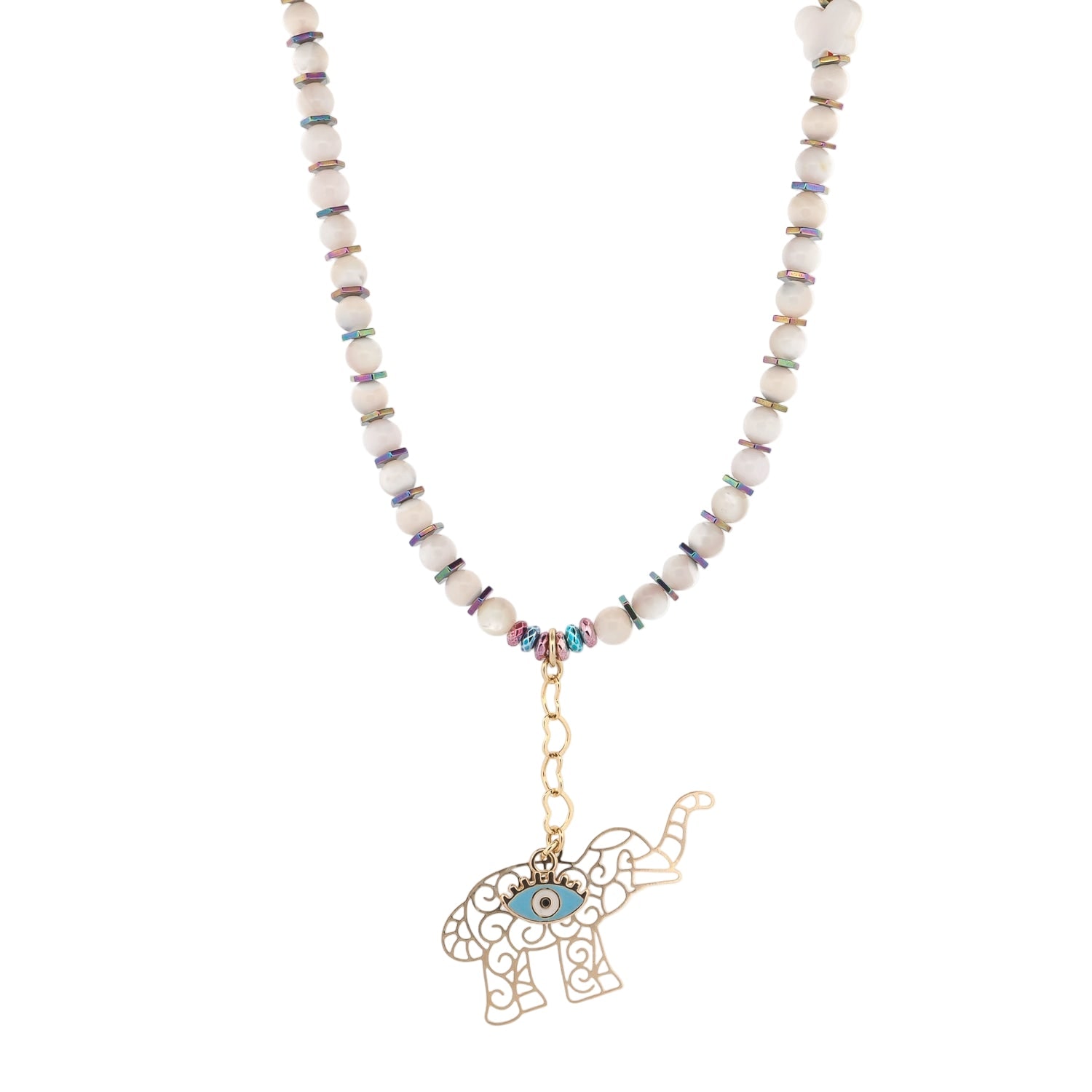 Ebru Jewelry Women's Blue / White / Gold Sacred Elephant Protection Pearl Necklace - Gold In Multi