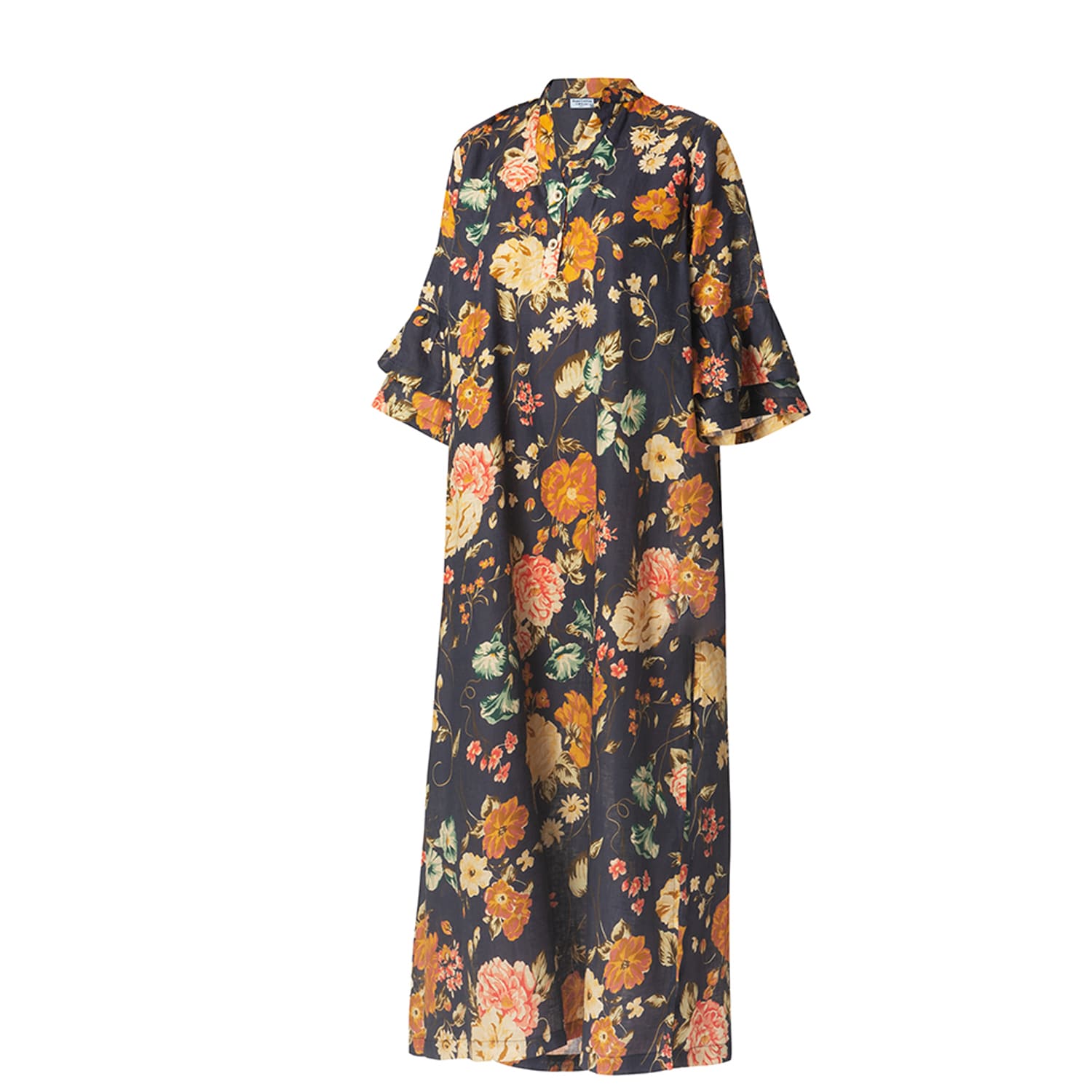 Haris Cotton Women's Mandarin Neck Printed Linen Dress With Bell Sleeves And Side Slits Blue Vintage In Blue/orange