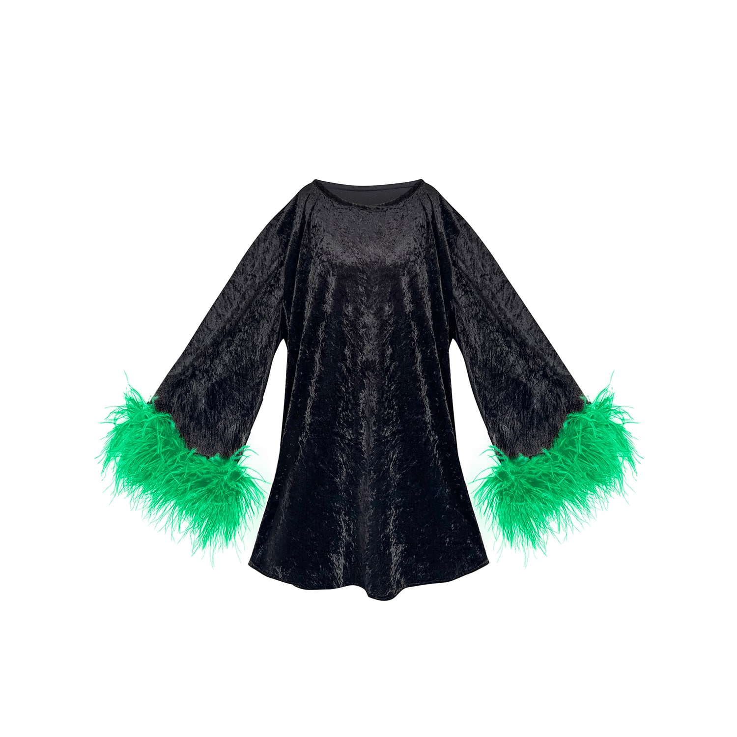 Toma Women's Black / Green Jess Mini Little Black Velvet Dress Green Feathers In Multi