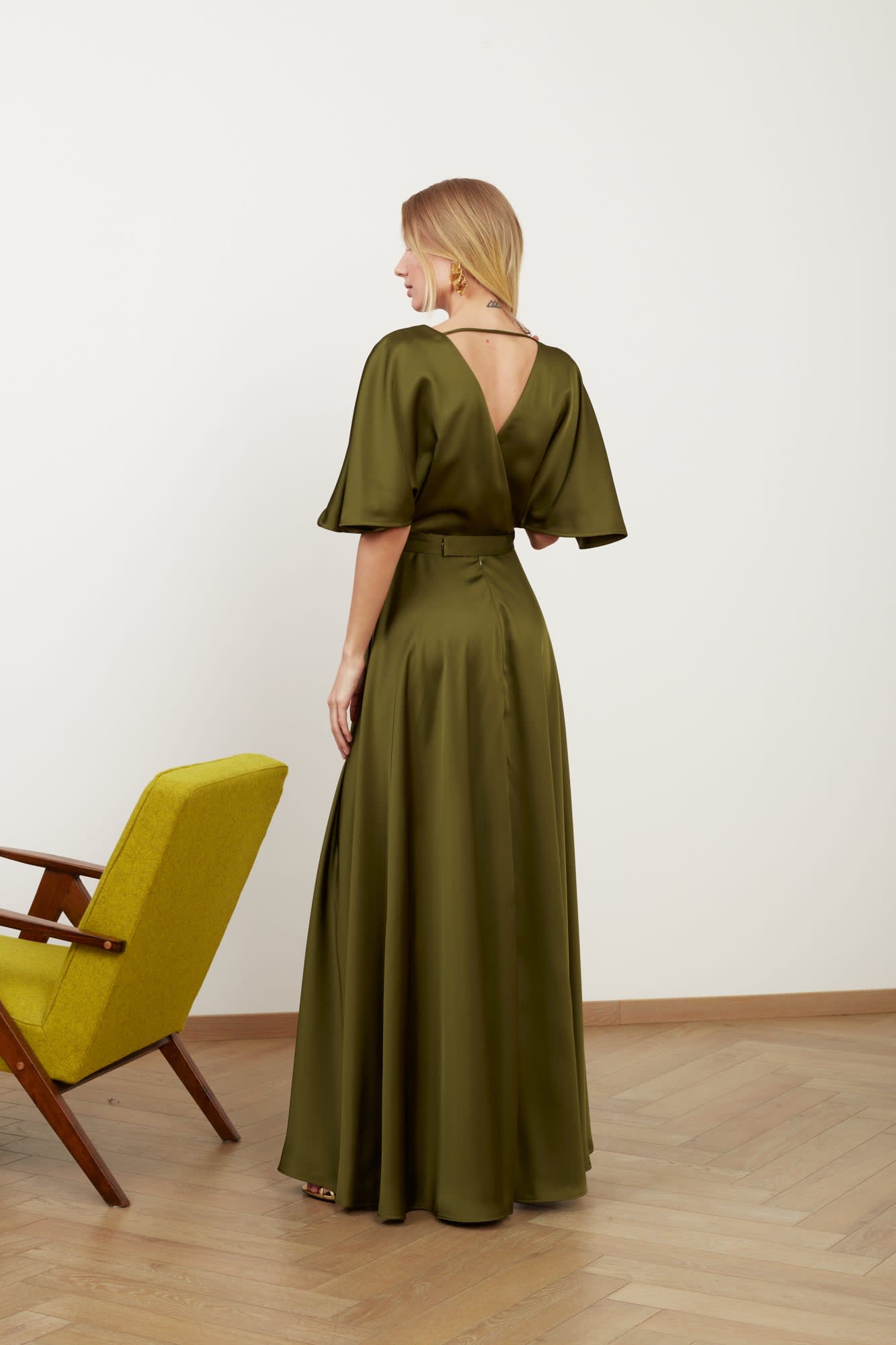 Solene Olive Green Satin Long Dress For Wedding Guest by UNDRESS