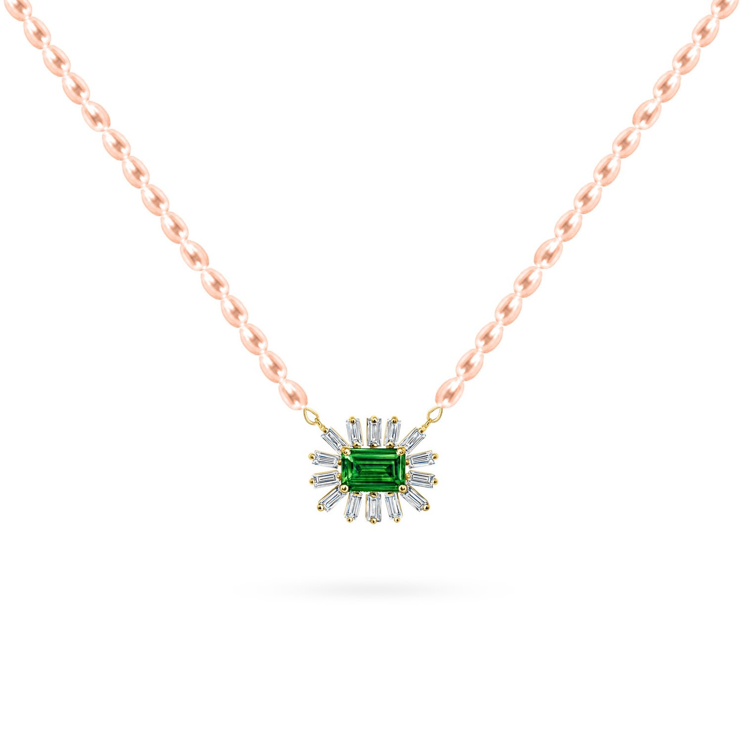 Women’s Necklace Cleopatra Baguette Rose Pearls On 18K Yellow Gold Diamonds And Precious Stones Emerald Aquae Jewels