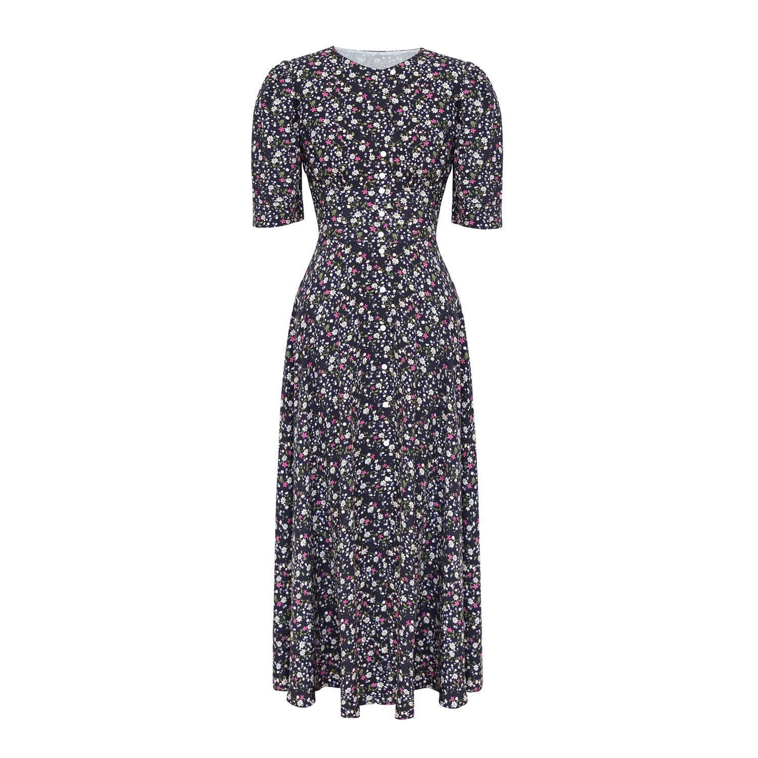 Post Meridiem Women's Blue Short Sleeve Buttoned Midi Dress