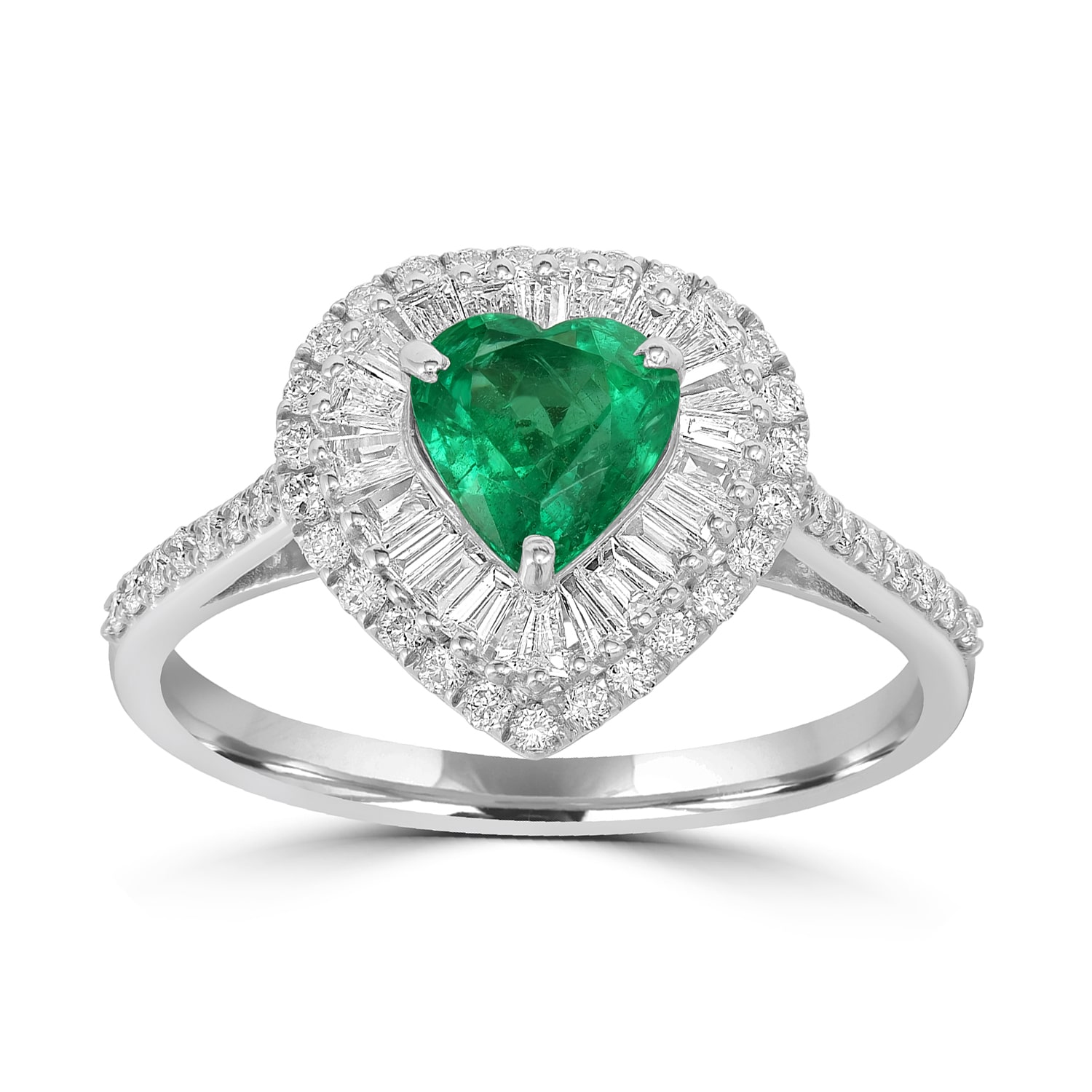 Artisan Women's White / Green Baguette Cut Diamond & Emerald Heart Cocktail Ring In White Gold